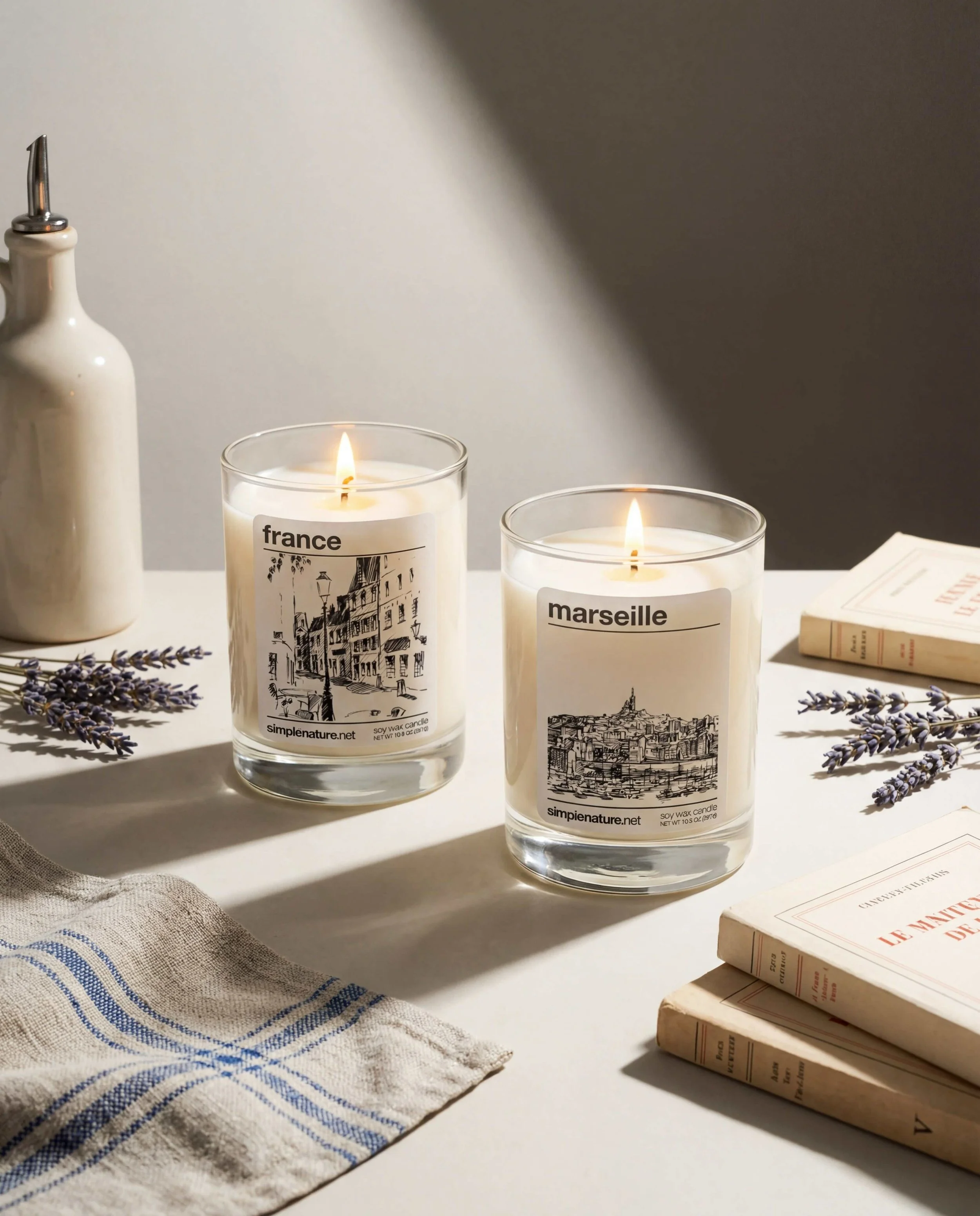 Two lit candles in glass holders with labels reading 'France' and 'Marseille', placed on a white table with scattered lavender sprigs, books, and a ceramic bottle, lit by soft natural light.