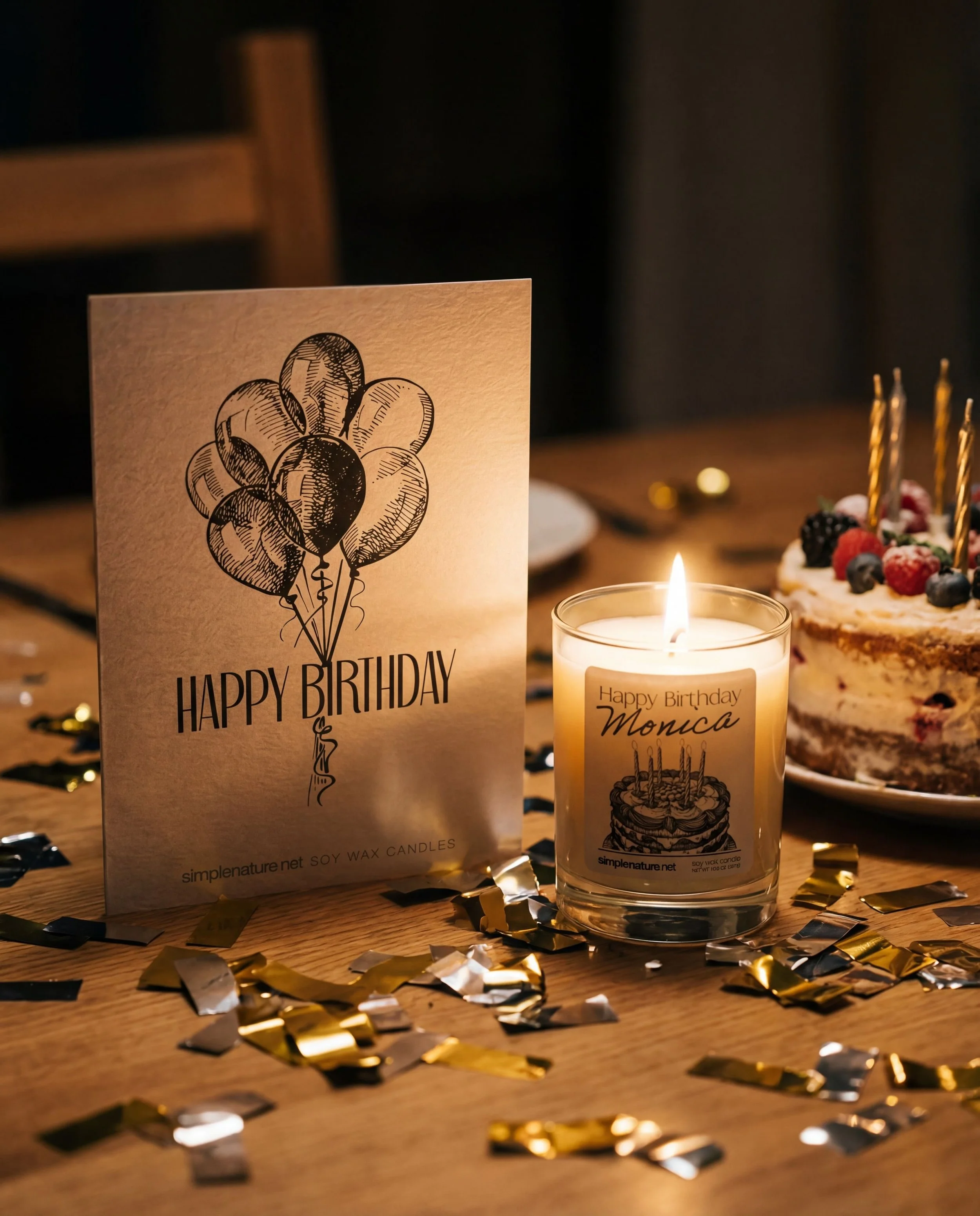 Birthday celebration with a card, candle, cake, and decorations on a wooden table.