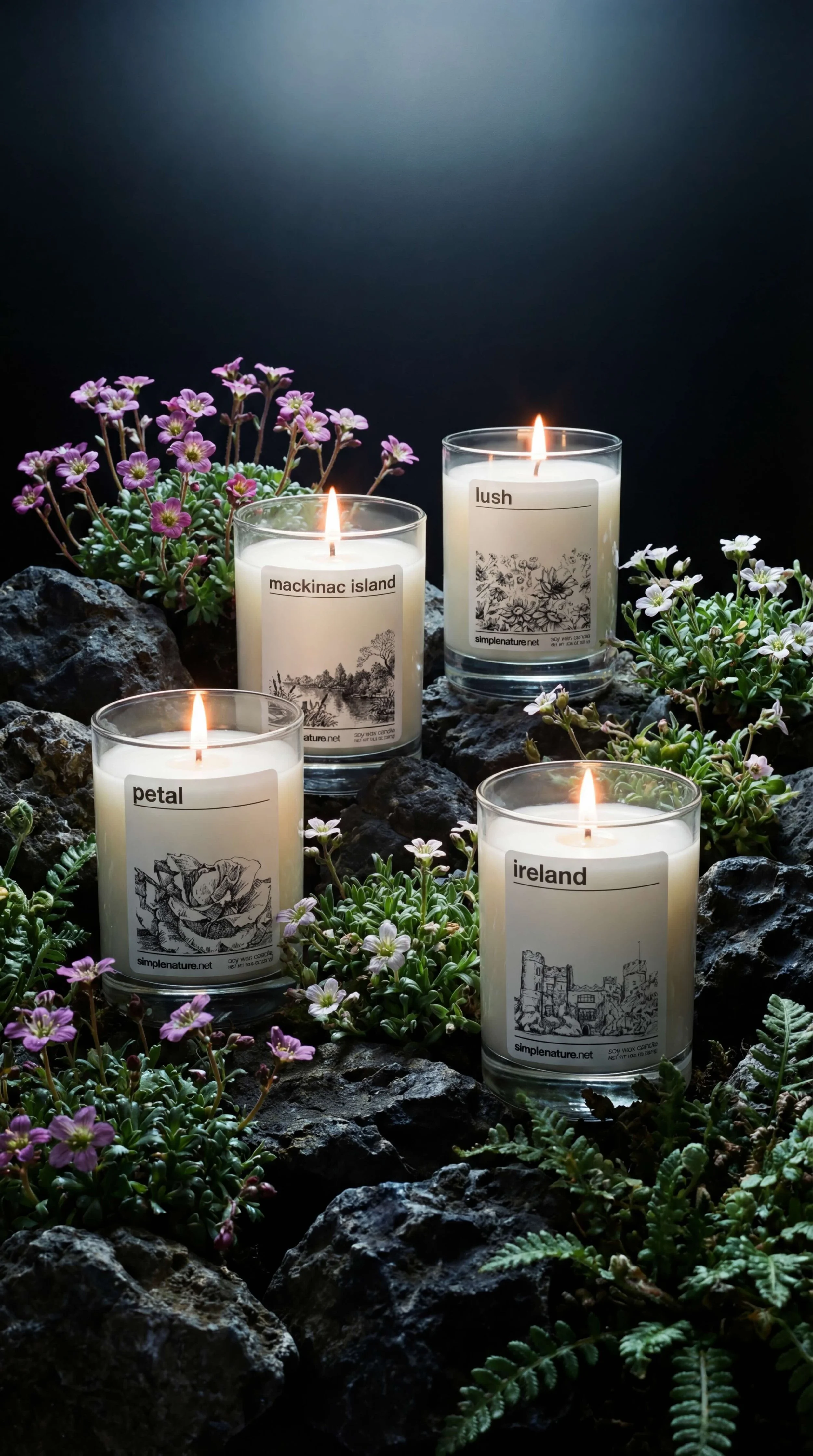 Four lit candles with labels 'petal,' 'mackinac island,' 'lush,' and 'ireland,' surrounded by rocks, ferns, and small purple and white flowers, set against a dark background.