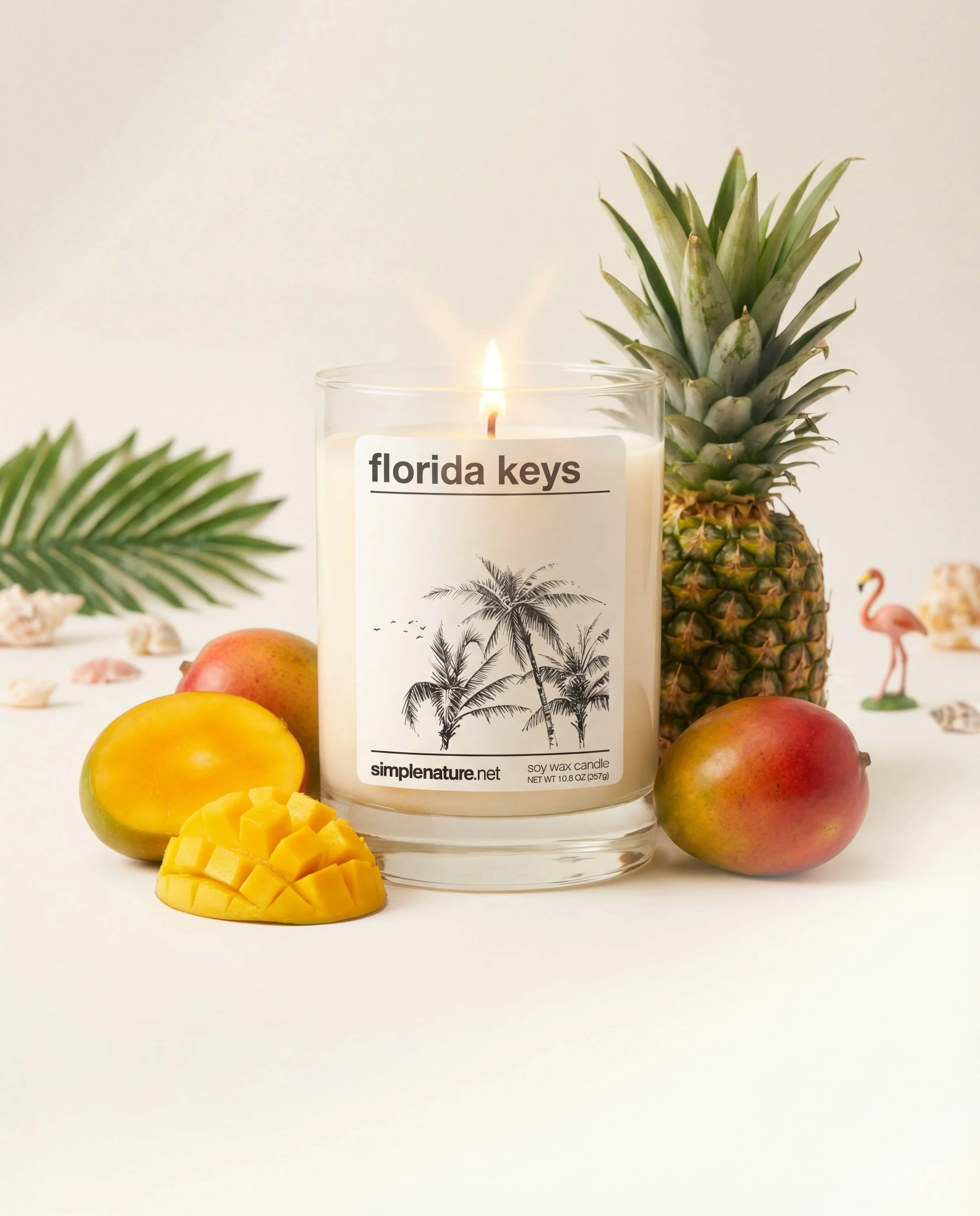 Candles with tropical fruits and decorations, including pineapple, mango, and palm leaves.