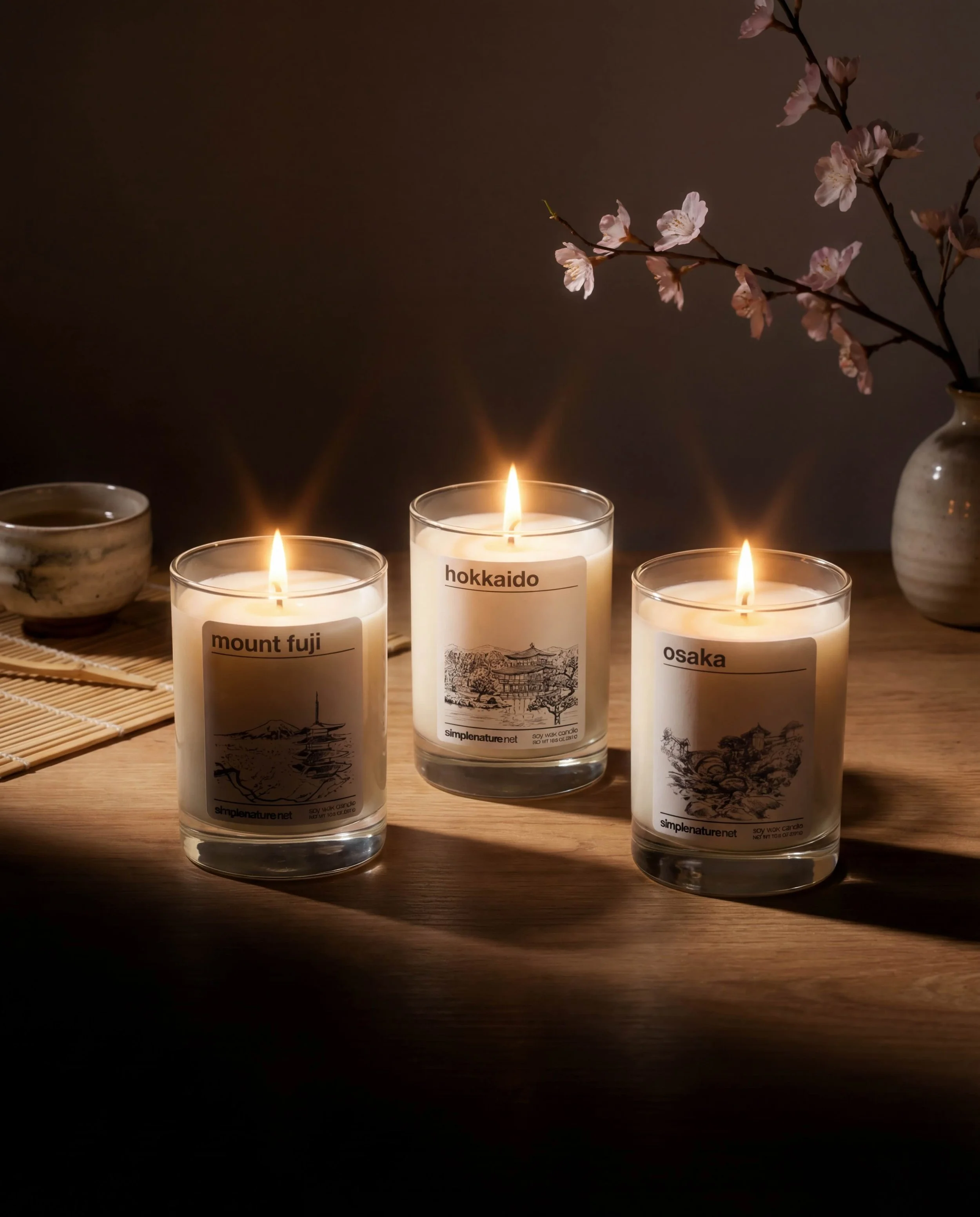 Three lit candles with labels for Mount Fuji, Hokkaido, and Osaka on a wooden table, with a vase of pink cherry blossoms in the background.