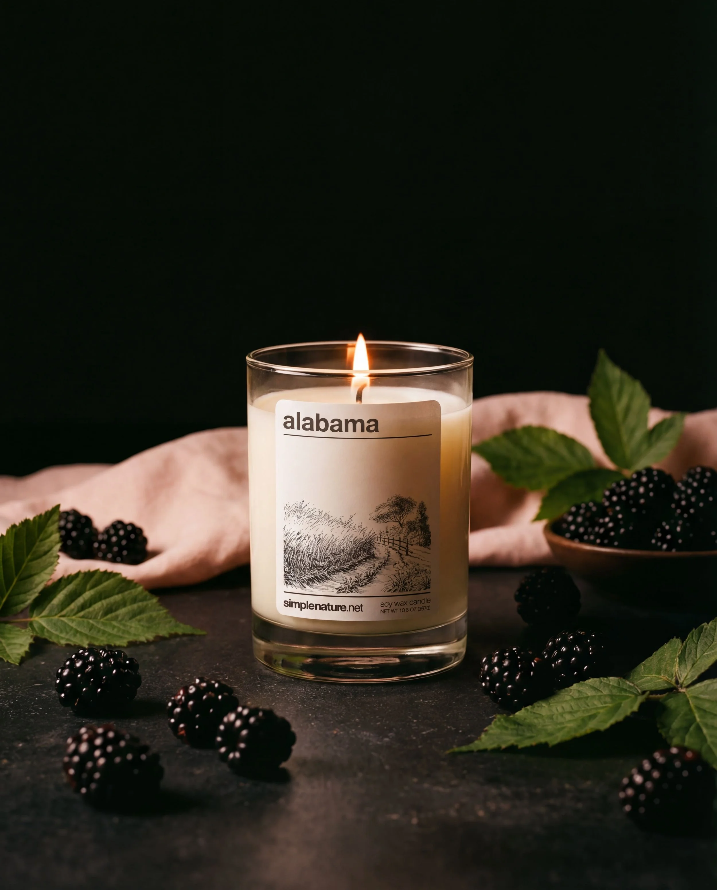 A lit soy wax candle labeled 'Alabama' on a dark surface, surrounded by blackberries and green leaves, with a pink cloth in the background.