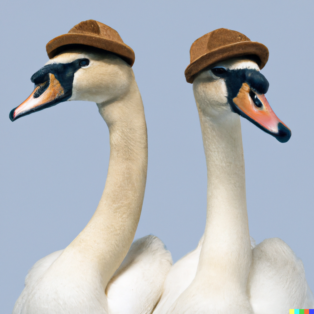 DALL·E 2022-10-23 18.07.12 - one brown swan and one white swan facing the same direction full length in profile looking beautiful on a plain pale blue background wearing giant bas.png