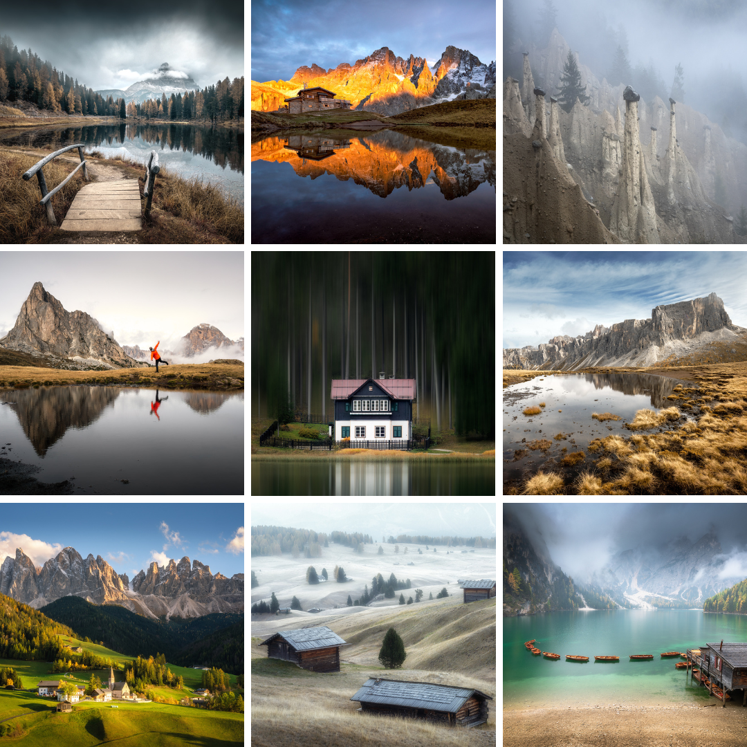 Une collection de neuf paysages naturels, comprenant des montagnes, des lacs, des forêts, des prairies et des rivières, avec des éléments comme un pont en bois, une cabane, une montagne enneigée, et une personne faisant du yoga près d'un lac.