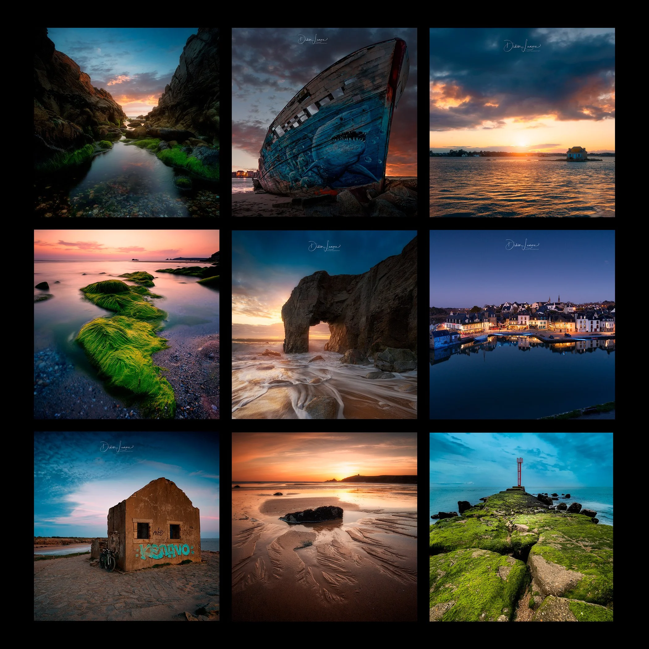 Une collection de neuf photos de paysages côtiers, incluant plages, rochers, bateaux, villages, et structures en bord de mer, capturées lors de coucher ou lever de soleil.