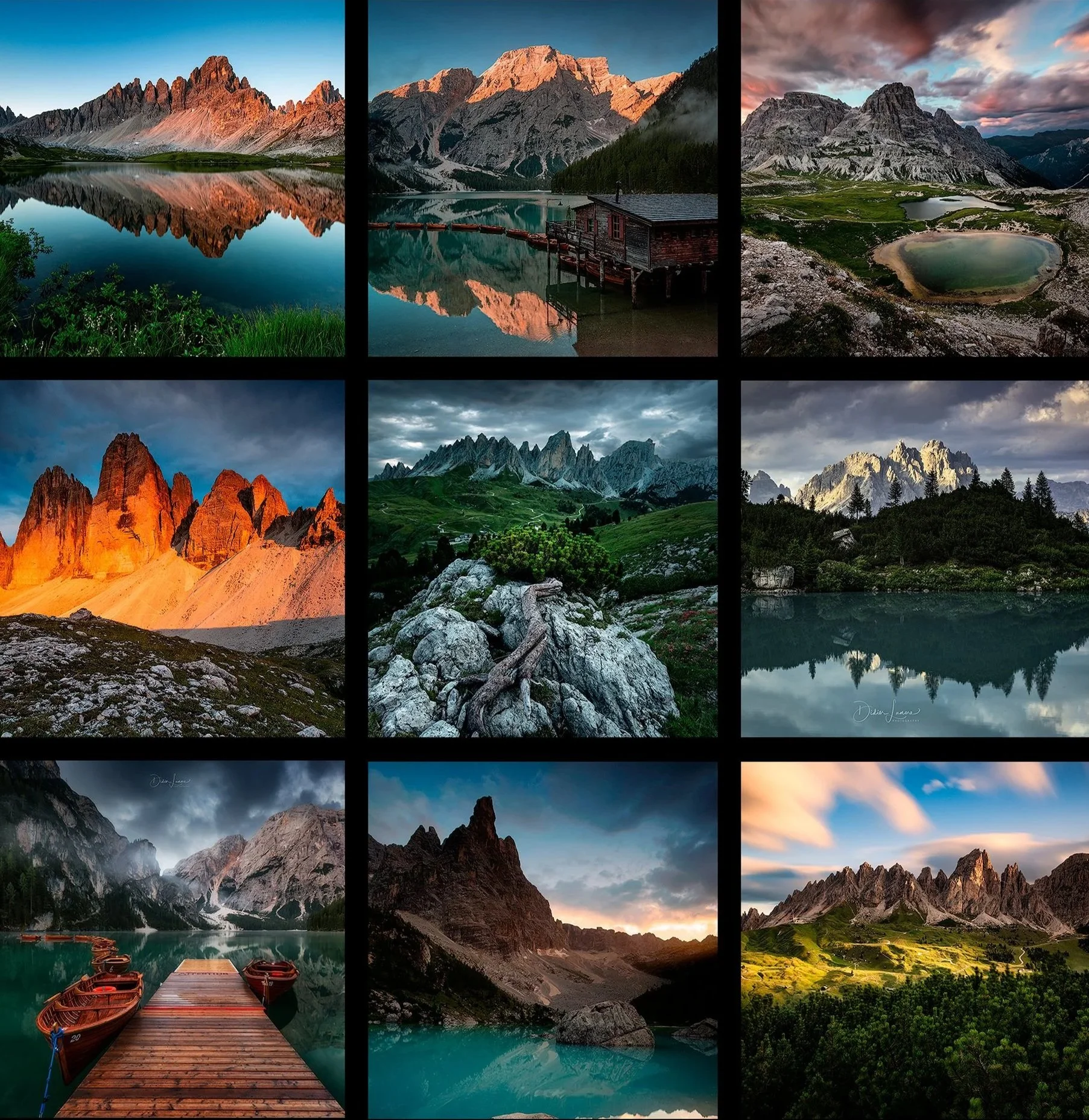 Collage de neuf paysages de montagnes, lacs et nature, avec des variations de lumière et de couleurs.