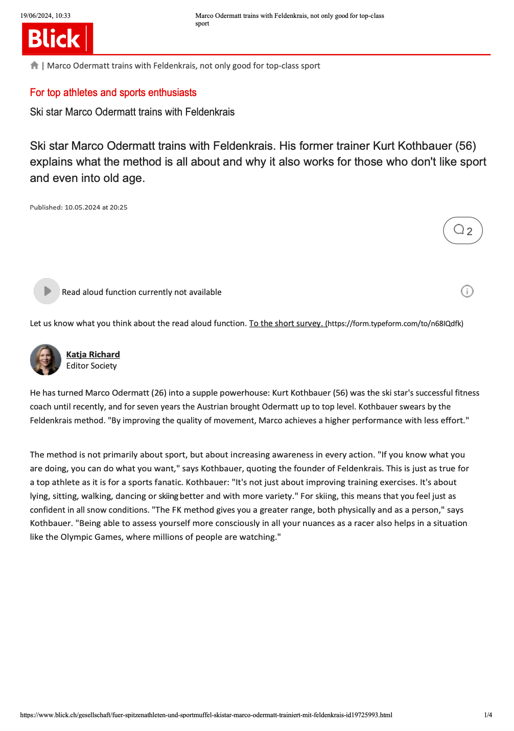 Article from Blick about ski star Marco Odermatt using Feldenkrais for training, featuring commentary from coach Kurt Kothbauer and editor Katja Richard.
