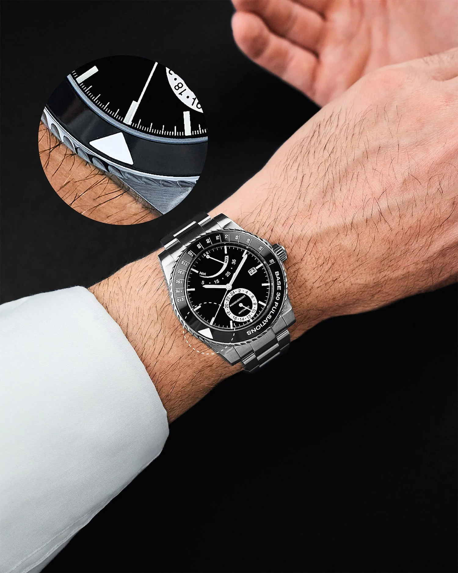 How to use a pulsometer bezel: Step 2 - Begin counting 30 heartbeats via the radial artery when the seconds hand meets the bezel triangle marker