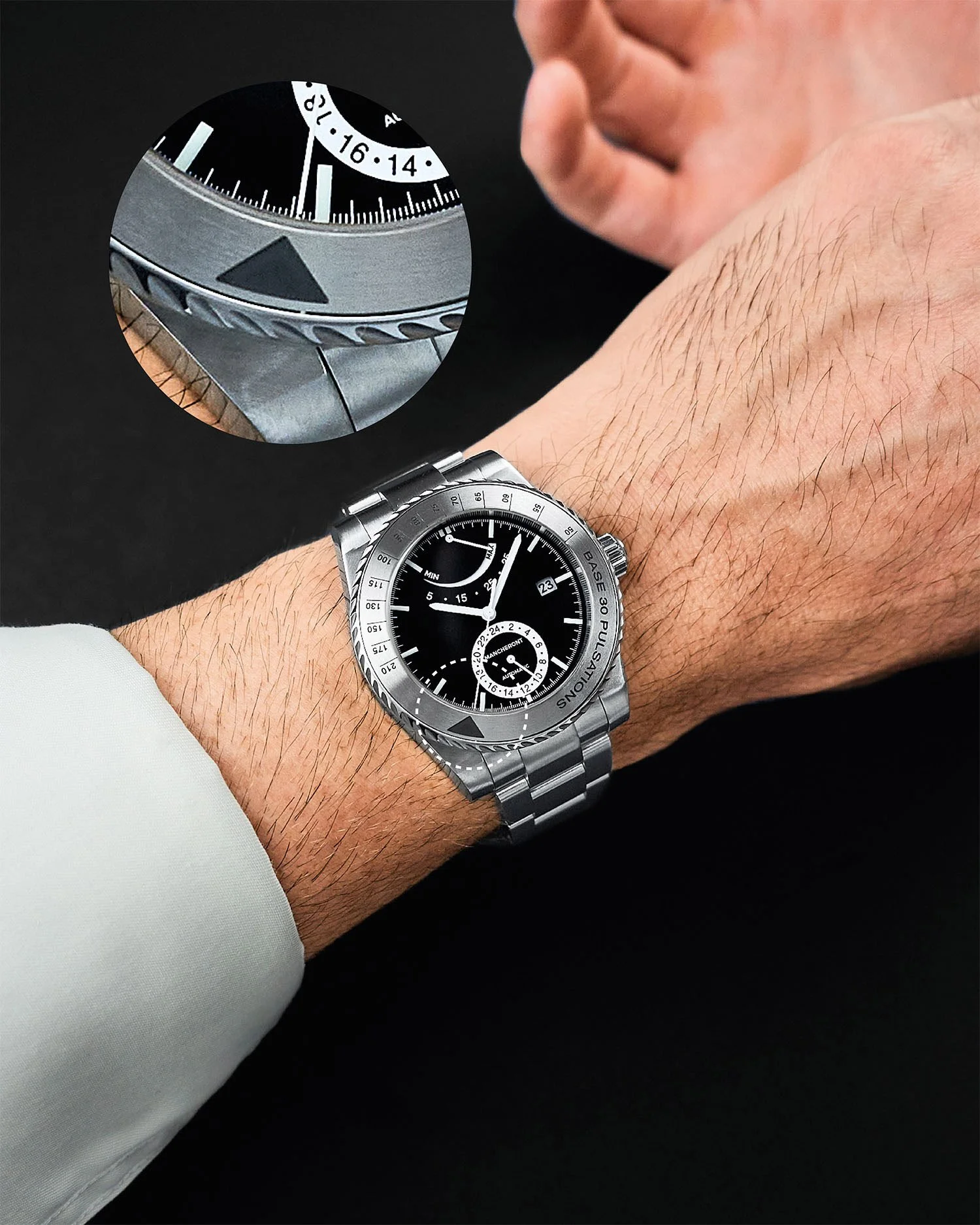 How to operate a pulsometer bezel: Part 2 - Initiate a 30-heartbeat count via the wrist bone when the seconds hand aligns with the bezel triangle marker