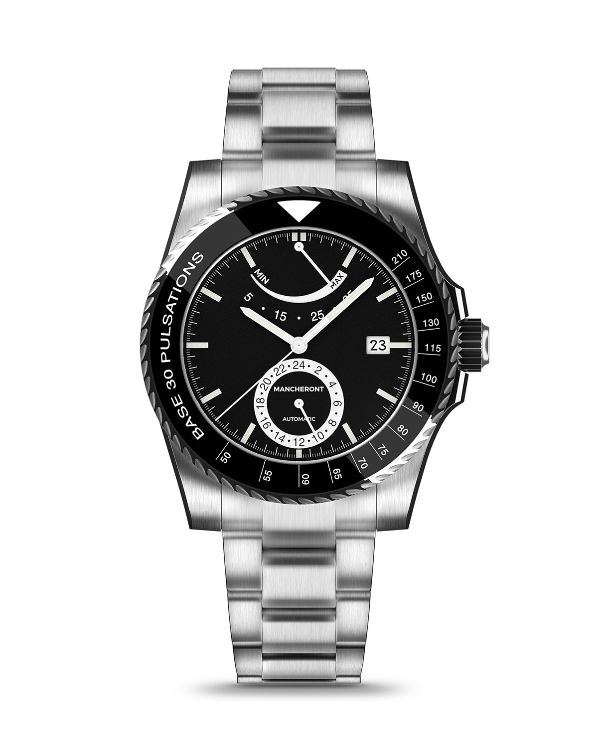 Top view of a black face and ceramic pulsometer bezel men’s medical watch with power gauge and 24 hours sub small chronograph