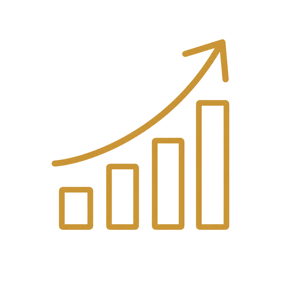 Gold bar graph depicting an increasing trend. The bar heights are ascending from left to right, with a curved arrow above pointing upward to symbolize growth or progress.