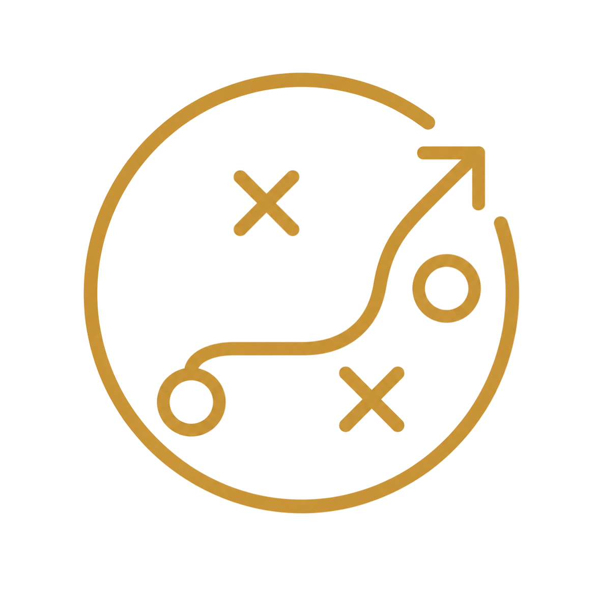 Gold outline of a strategy planning icon with a circular arrow, two X marks, a line connecting the X marks, and a circle with an arrow pointing upwards, symbolizing planning or strategy.