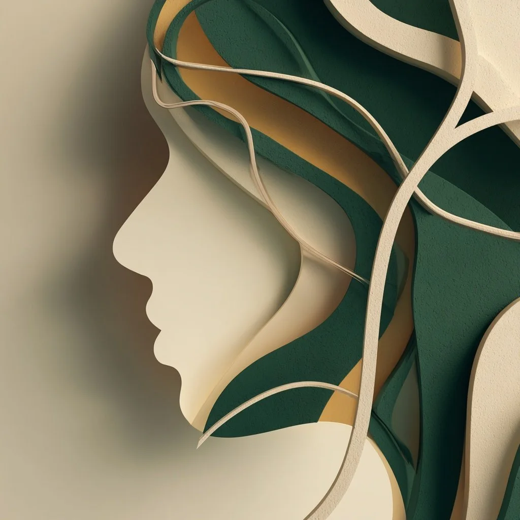 Abstract layered artwork of a human profile in green, cream, and gold tones, representing audience psychology and emotional storytelling