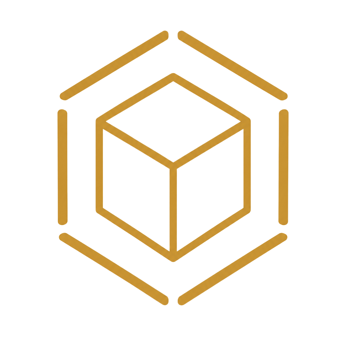 Gold geometric icon of a cube enclosed within a hexagon outline.