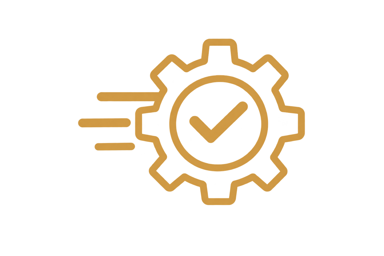 Golden gear icon with a check mark inside, and lines to the left indicating speed or movement, symbolizing fast or efficient settings or processes.
