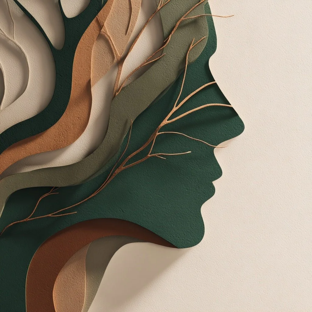 Abstract layered artwork of a human profile in green and brown tones, symbolizing brand identity and the psychological foundation of marketing.
