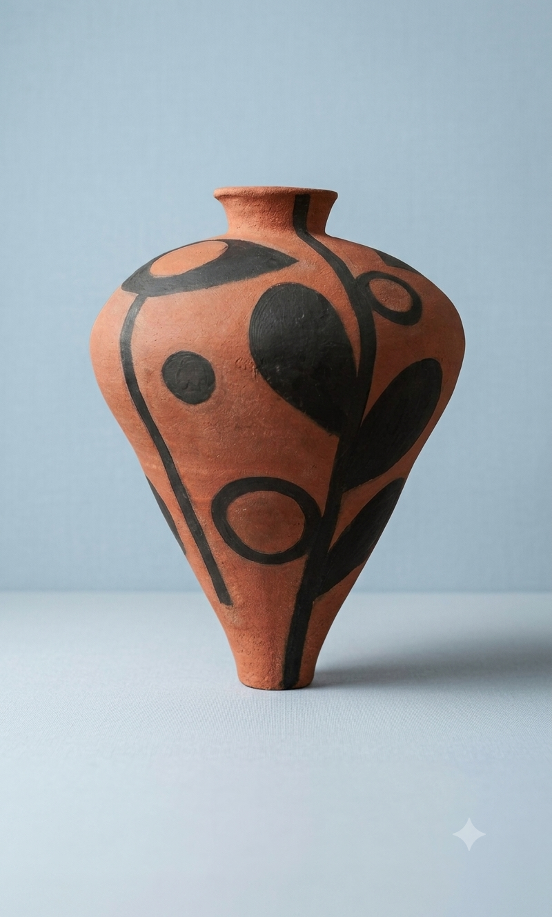 Myriame Sarah Weiner | The Steady Reach Vessel | is a one of a kind hand coiled stoneware sculpture featuring hand painted botanical totemic forms over rich red stoneware clay.