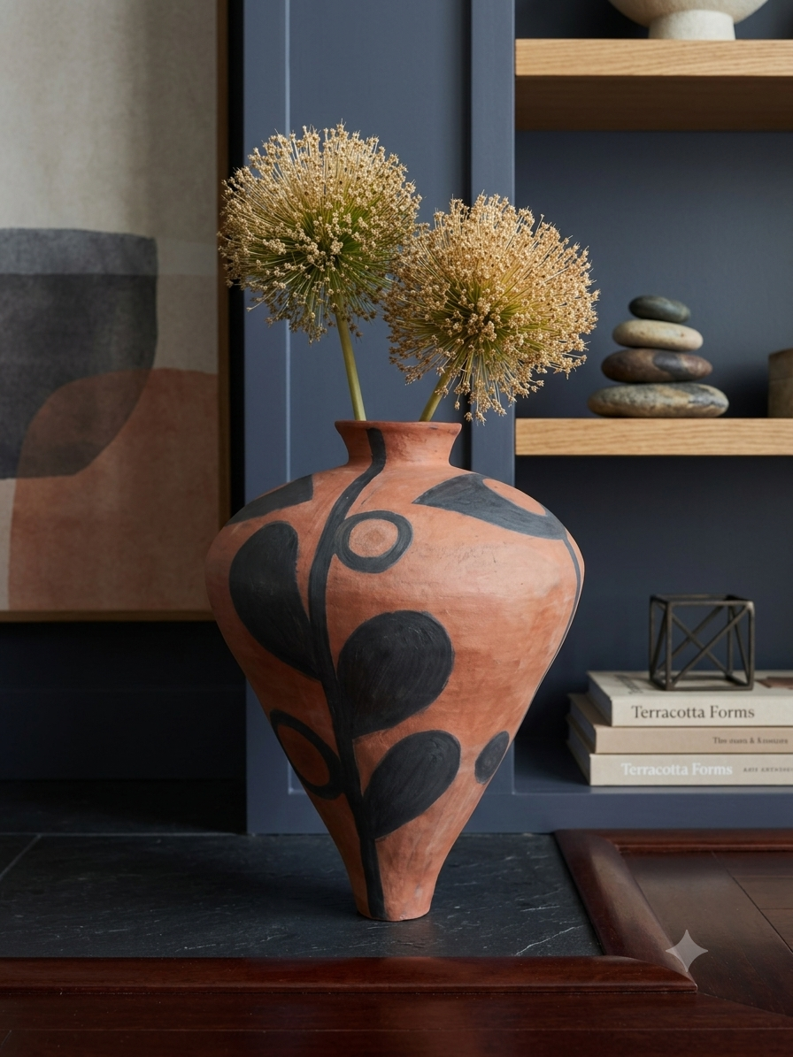 Myriame Sarah Weiner | The Steady Reach Vessel | is a one of a kind hand coiled stoneware sculpture featuring hand painted botanical totemic forms over rich red stoneware clay.