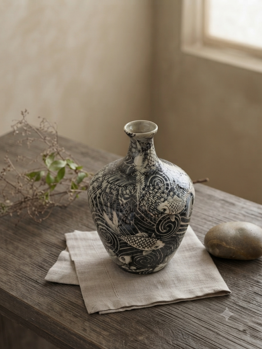 Myriame Sarah Weiner | Beneath the Surface I A hand thrown stoneware vessel featuring intricate, hand-painted koi motifs gliding through swirling currents.