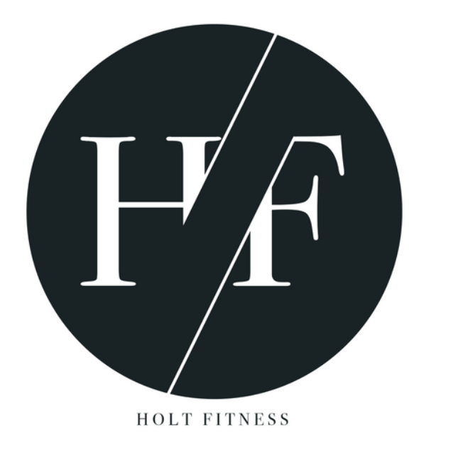 Logo for Holt Fitness with initials HF in a circle, diagonal line separating the letters.