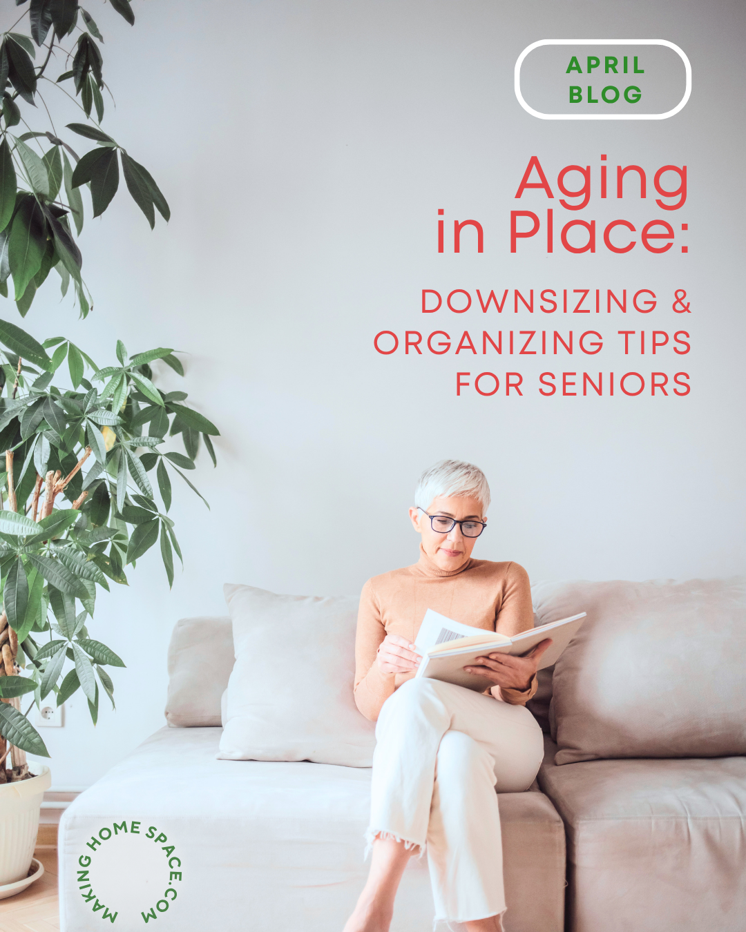 Photo of senior woman reading for blog post describing how to age in place.