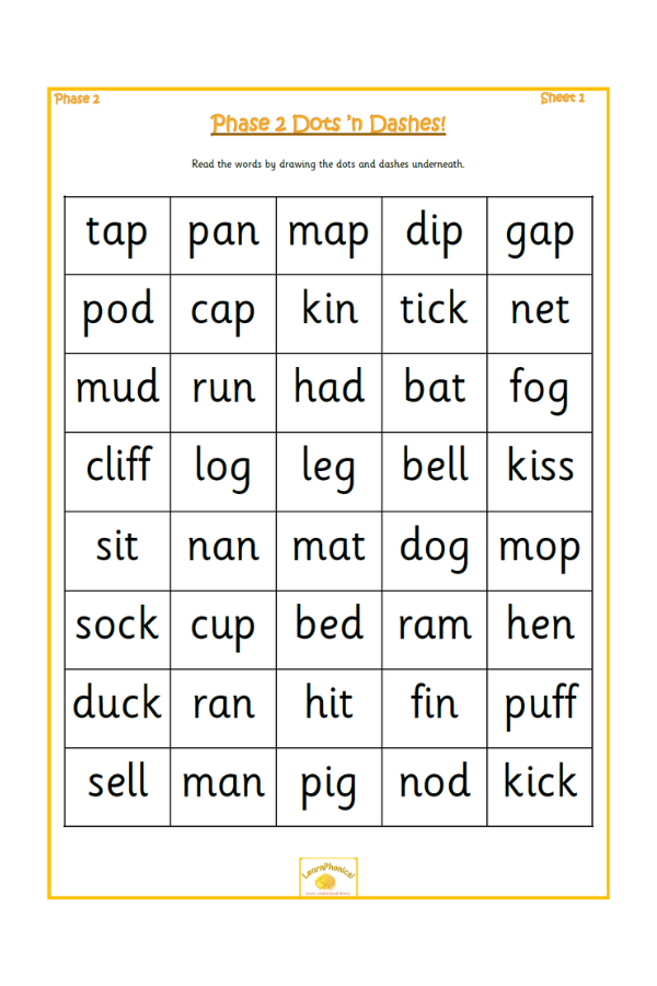 Phase 2 Dots 'n Dashes Worksheets