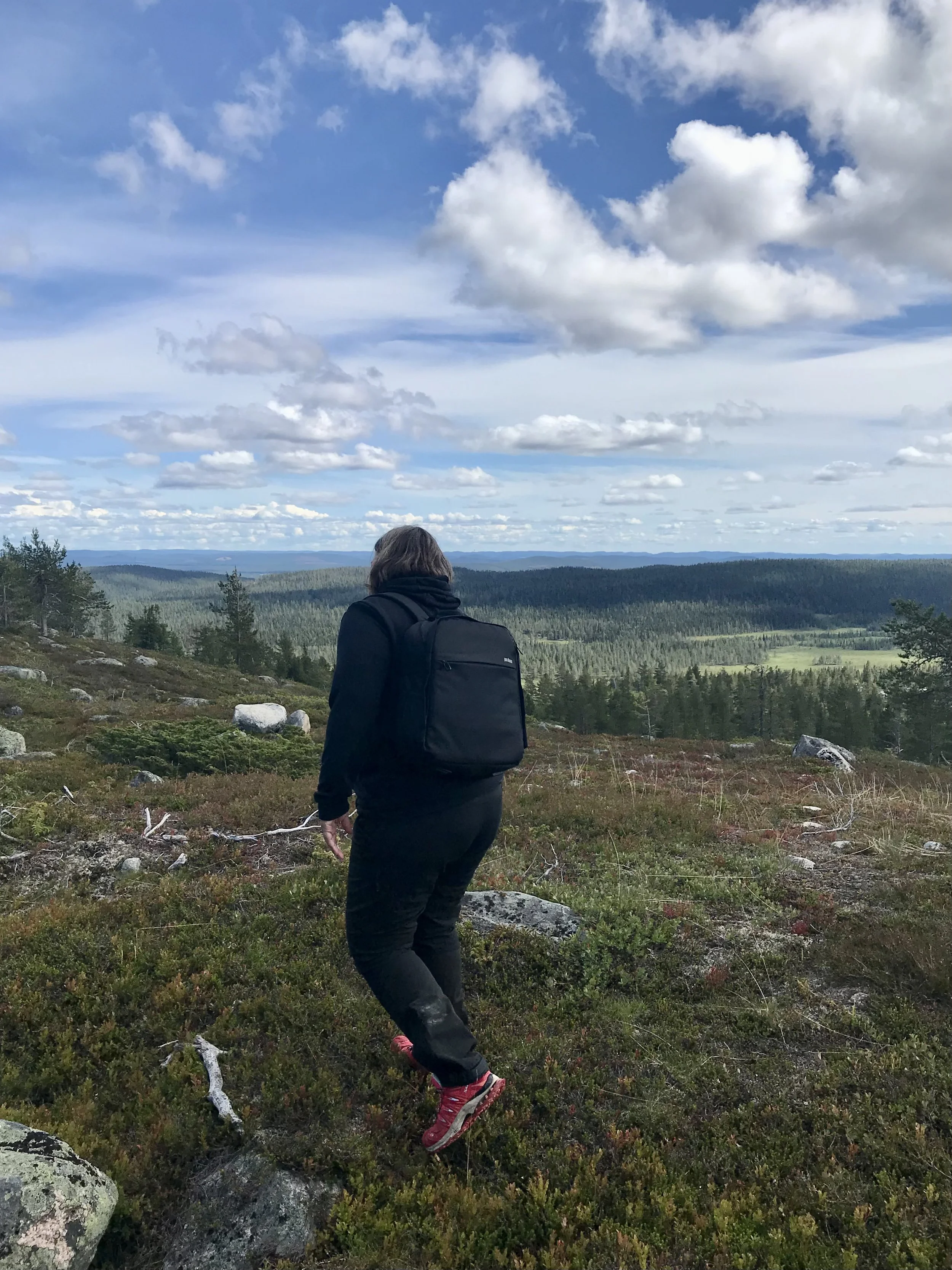 Woman with a backpack hiking in nature and mountains of Lapland