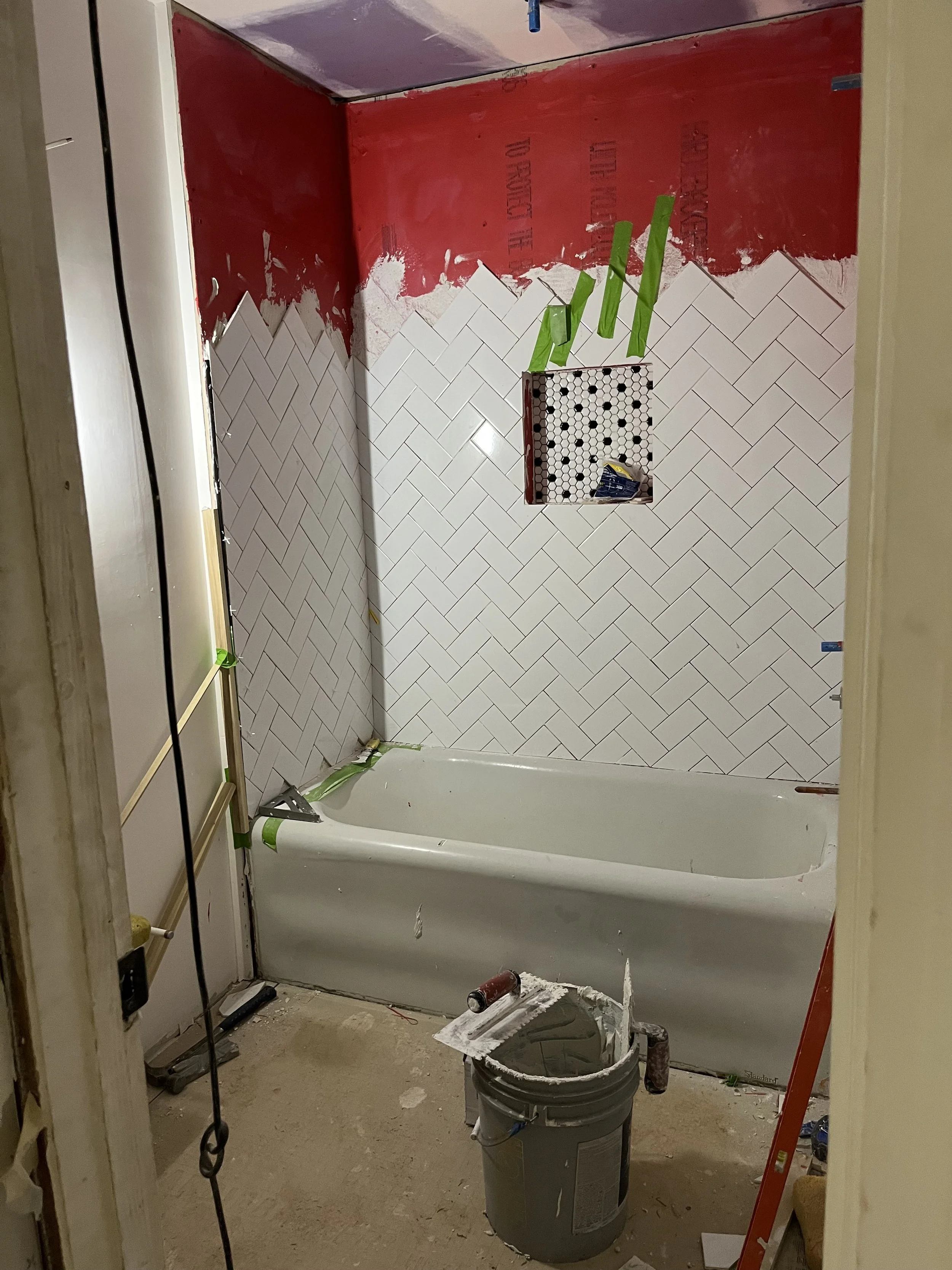  This is the progress for the bathroom tile.  