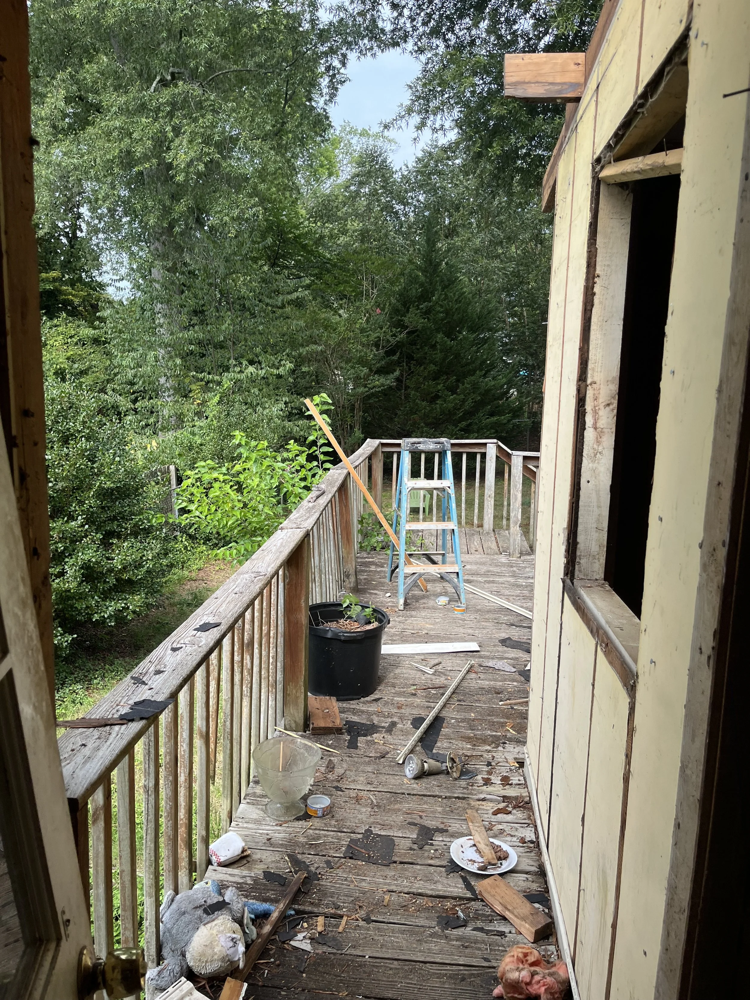  The boards on the deck were rotting through so there was very minimal salvage going on here. Jose did take a lot of the metal and salvageable wood to use in other projects.  