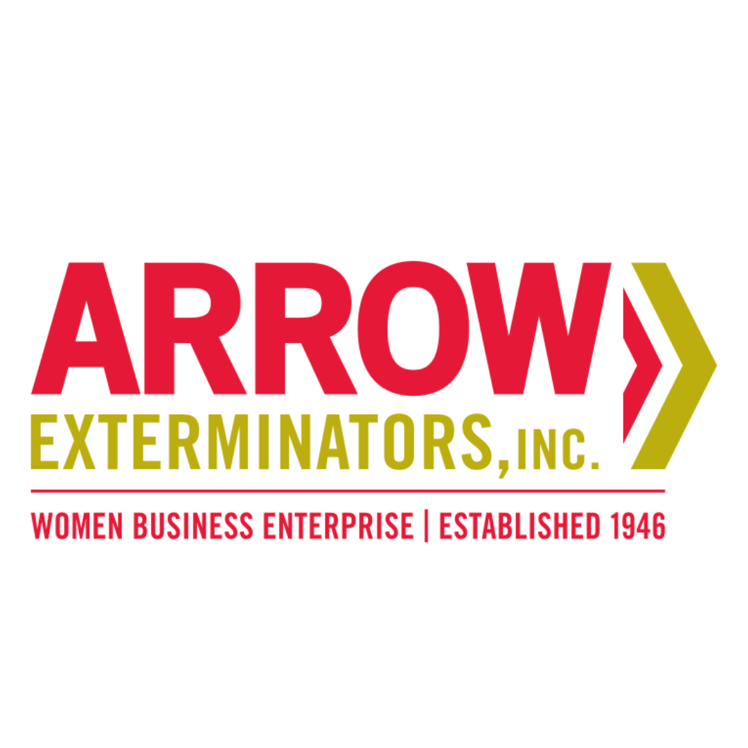 Logo for Arrow Exterminators, Inc., featuring bold red and olive green text with a stylized arrow and pinstripes, indicating a women-owned business established in 1946.