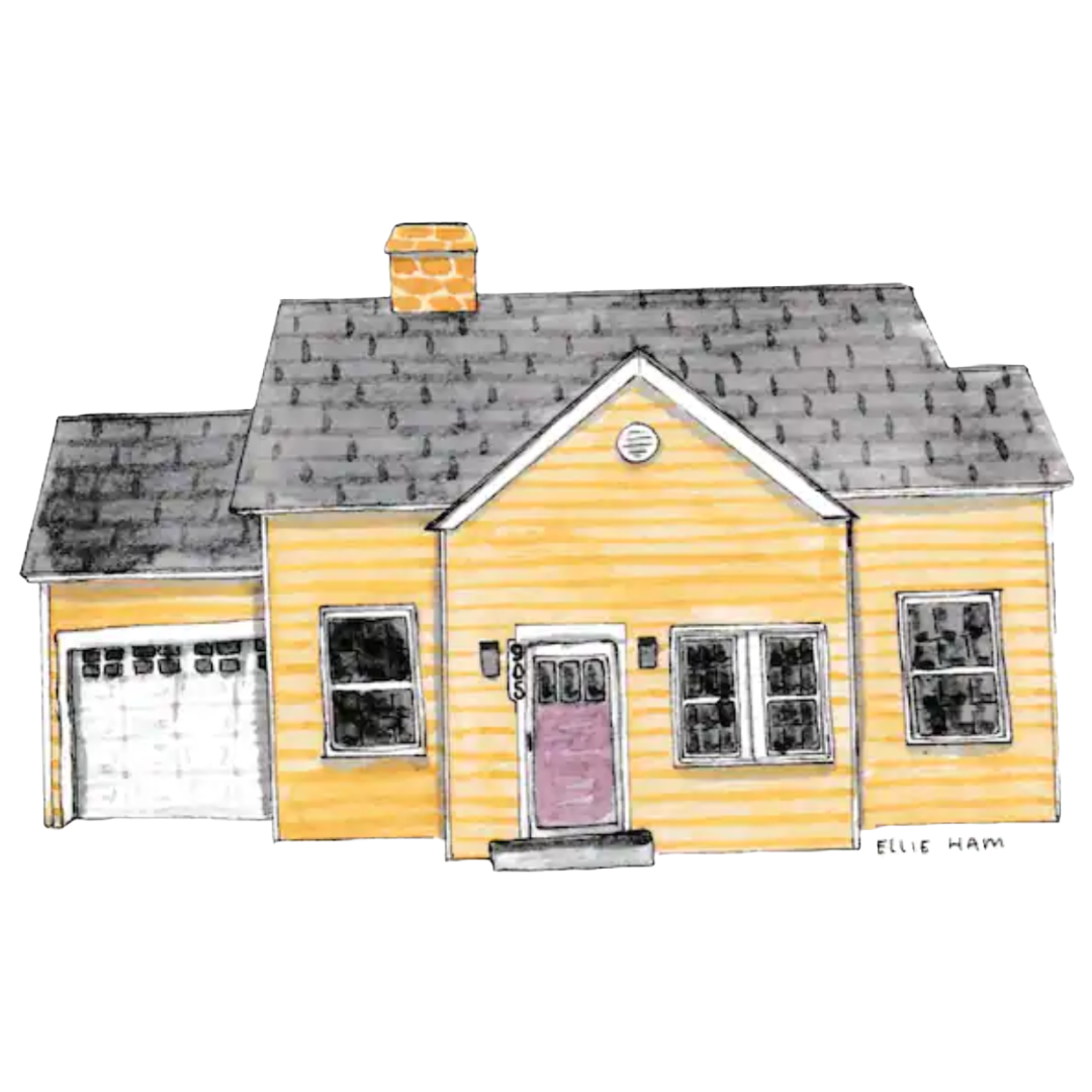 Hand-drawn illustration of a yellow house with a gray shingle roof, chimney, front door, and multiple windows.