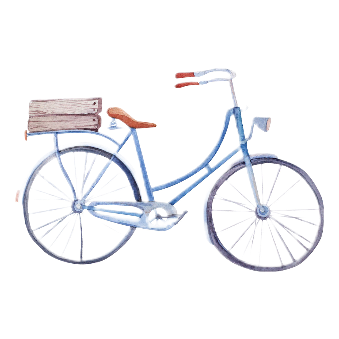 Watercolor illustration of a vintage-style bicycle with a large wooden crate on the rear rack, brown saddle, and curved handlebars.