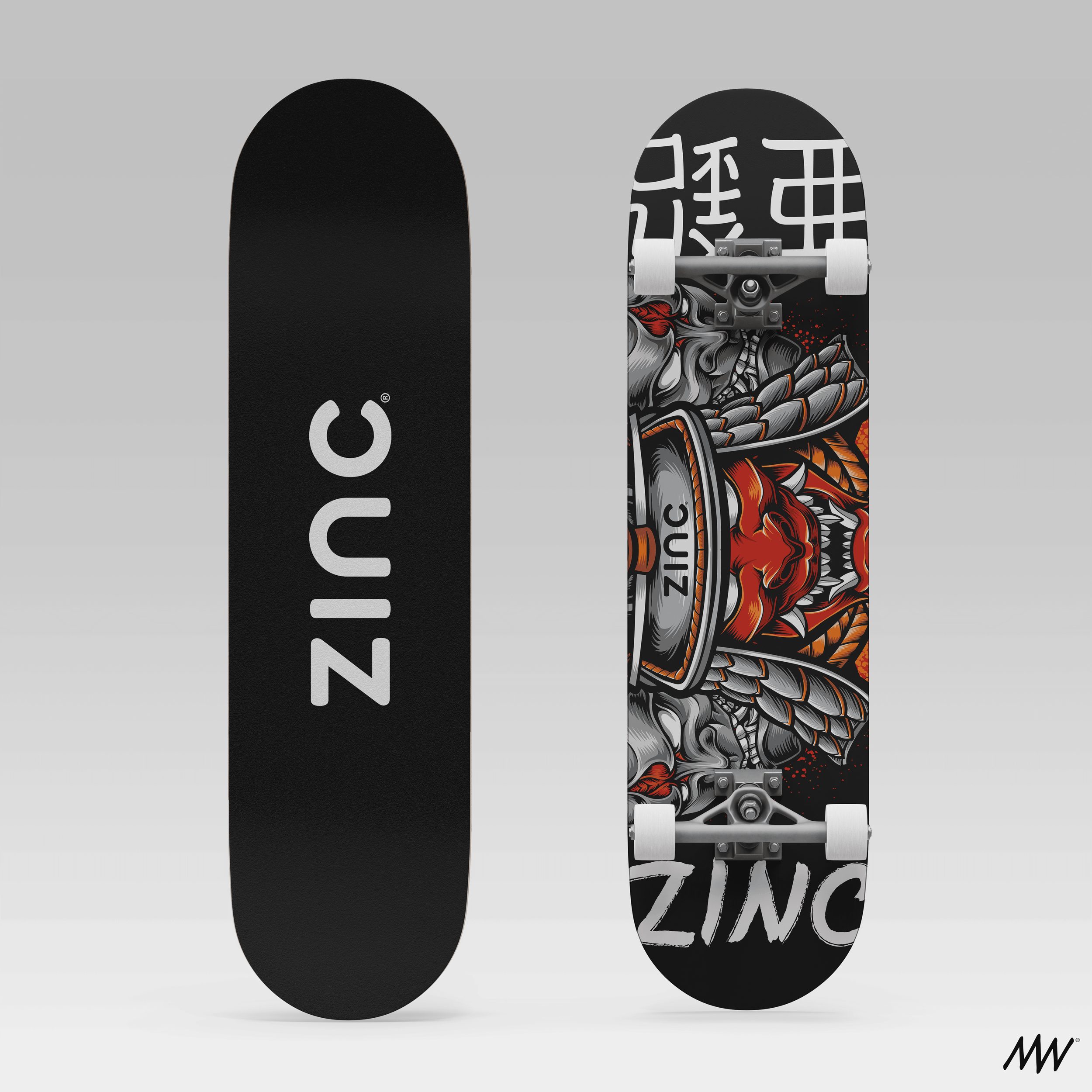 Skateboard deck with a black underside featuring the word 'ZING' in white, and the top side has graphic artwork with a lion's head surrounded by detailed black and gray designs, flames, and Japanese kanji symbols.
