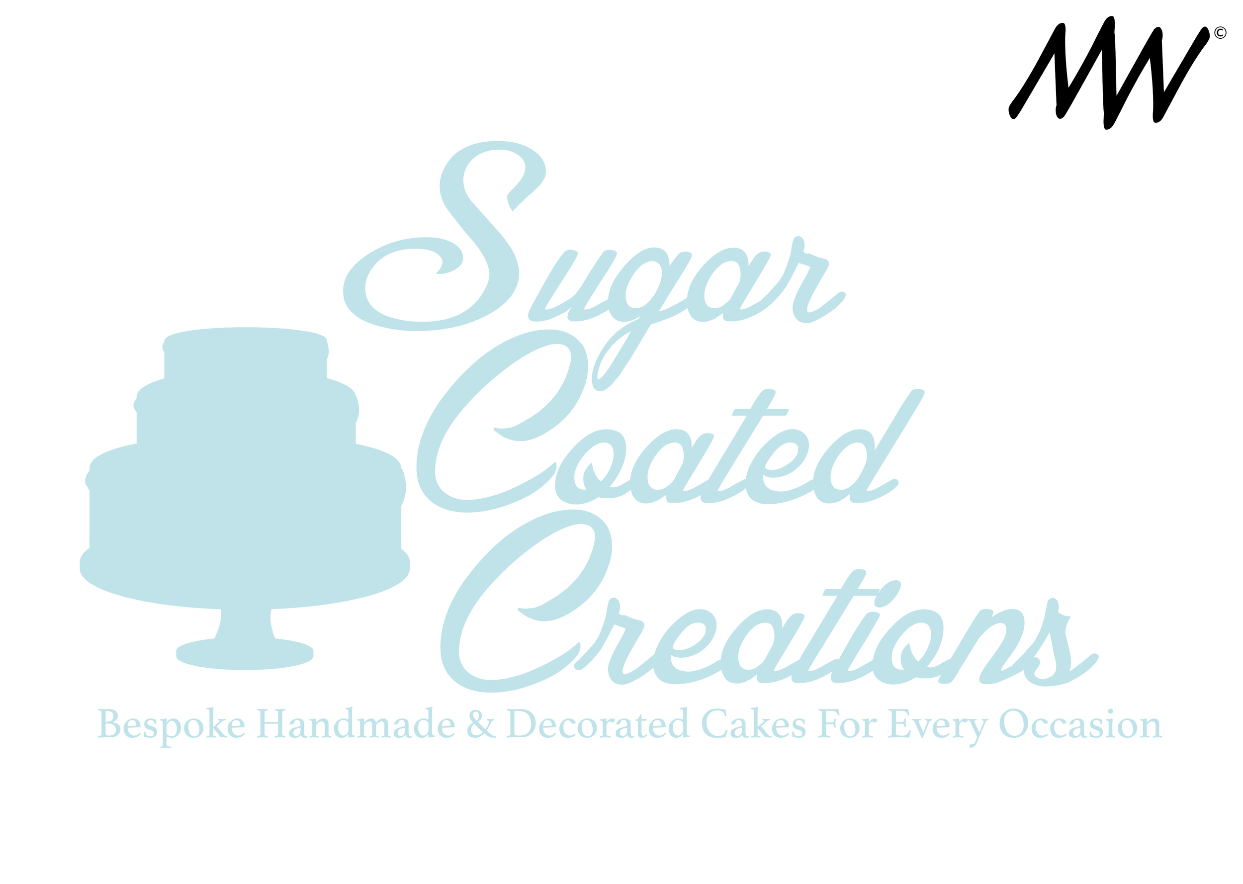 Logo for Sugar Coated Creations featuring a light blue cake silhouette with the business name in script fonts and the tagline 'Bespoke Handmade & Decorated Cakes For Every Occasion' underneath.