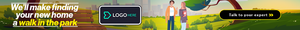 A park scene with two people walking, green trees, benches, and city skyline in the background. Overlaid text promotes home finding services, with a logo placeholder and a call-to-action button.