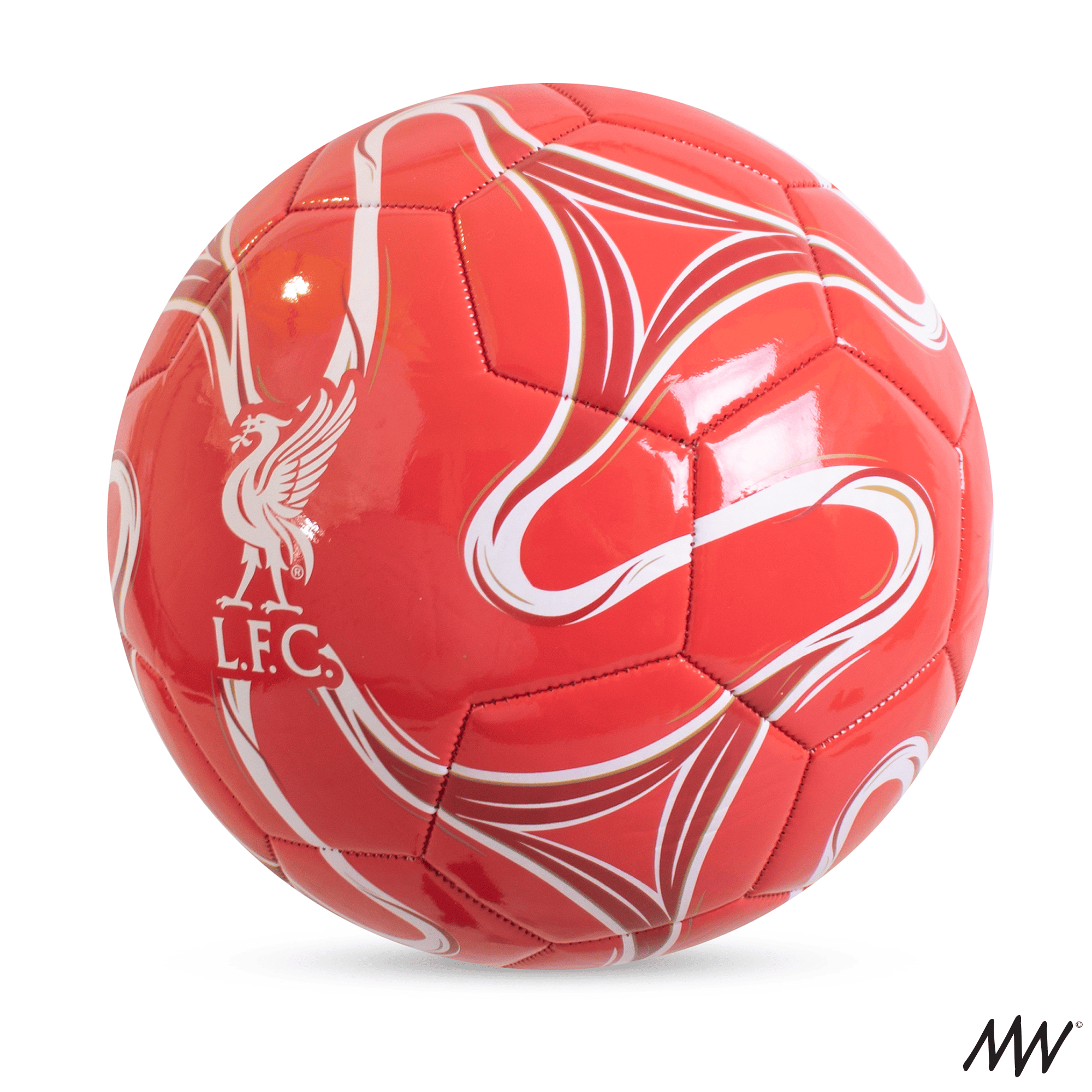 Red soccer ball with white swirling patterns and the Liverpool Football Club logo featuring a liver bird and 'L.F.C.' initials.