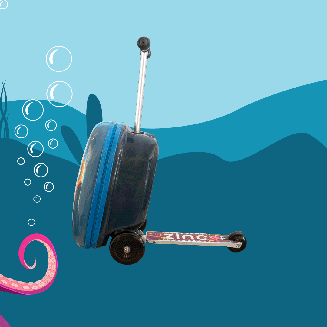 A children's rolling suitcase with an extendable handle, decorated with a colorful design, set against an animated underwater background with bubbles and an octopus tentacle.