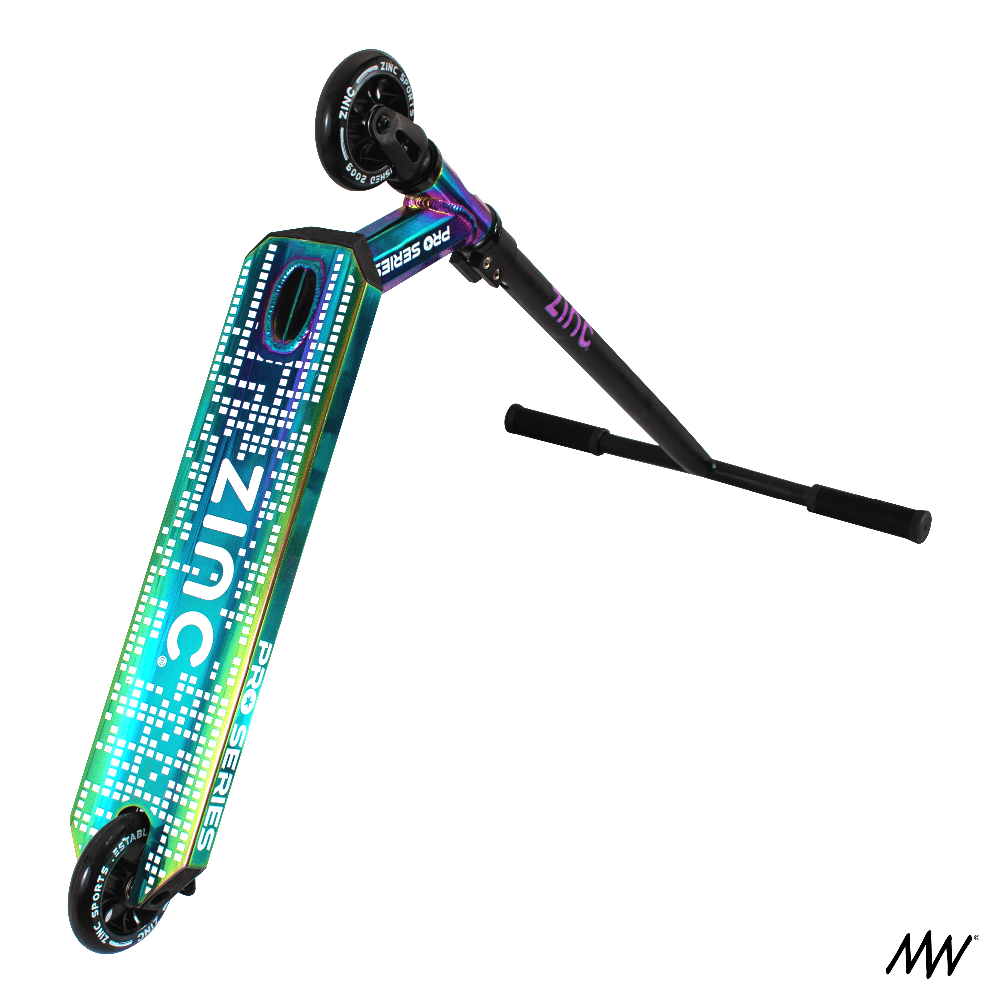 Holographic purple and blue stunt scooter with black handlebars and wheels, labeled 'Pro Series'.