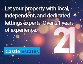 Text advertising Castle Estates, a property letting company with over 21 years of experience, on a dark background with glowing lights and sparkles.