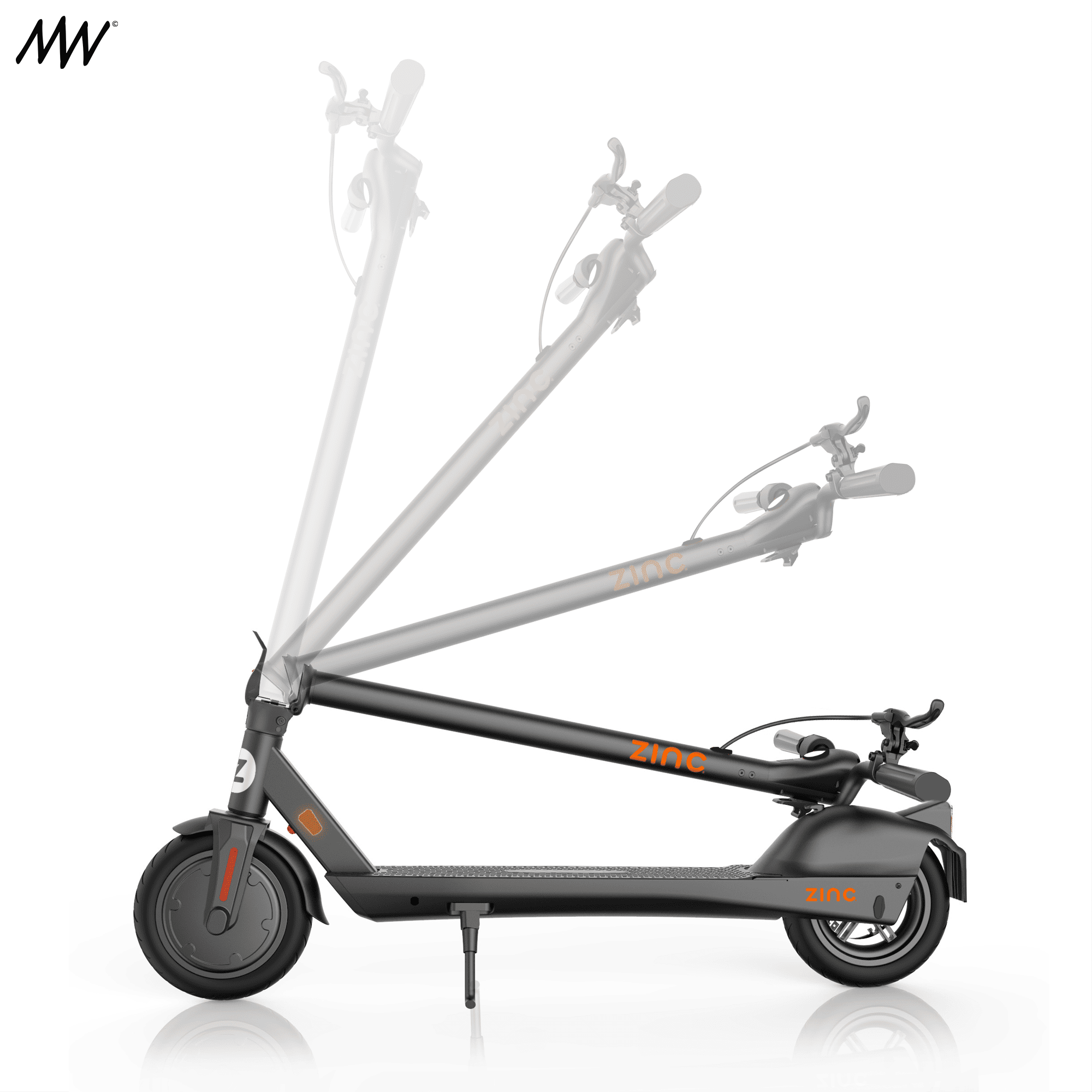 A black electric scooter with the brand name 'ZINC' in orange, shown in three different positions indicating it’s foldable.