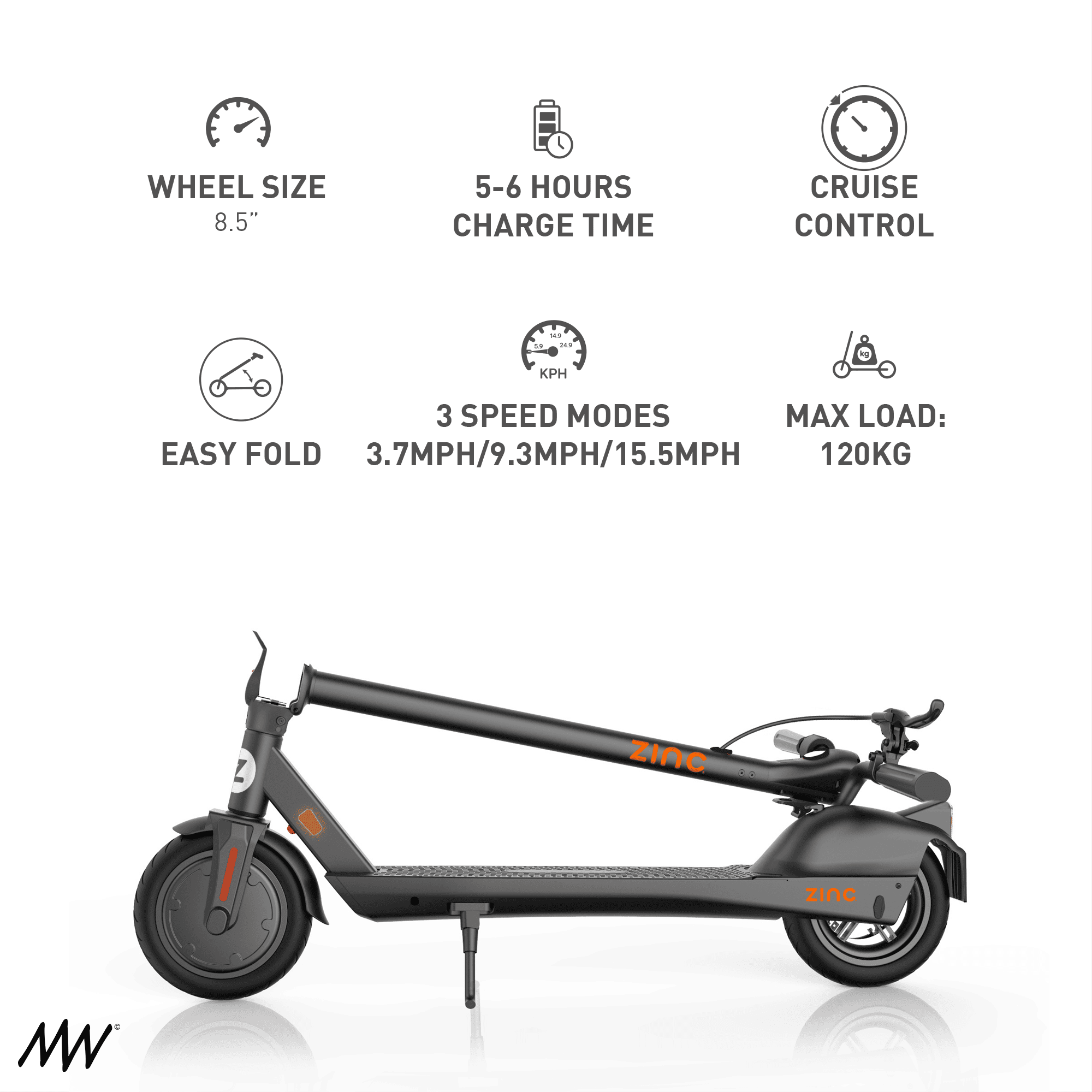 Electric scooter with specifications including 8.5-inch wheel size, 5-6 hours charge time, cruise control, 3-speed modes (3.7, 9.3, and 15.5 MPH), max load of 120 kg, and an image of the scooter with black and orange accents.