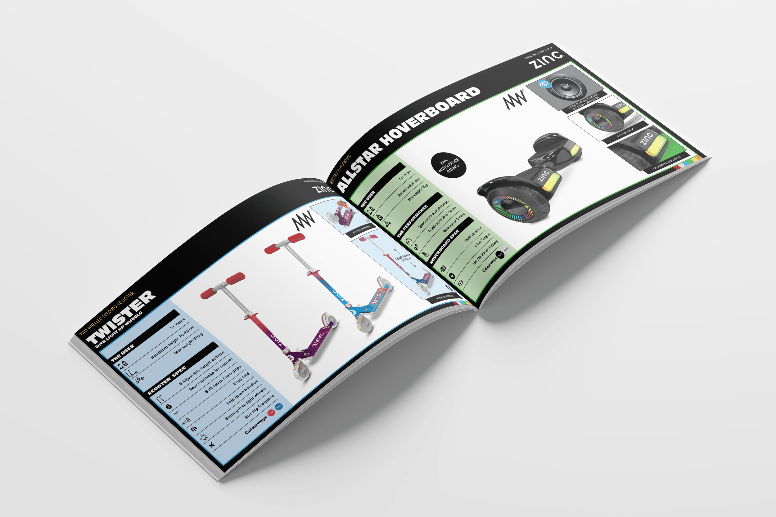 Open magazine featuring colorful scooters and hoverboards with specifications and images on a white background.