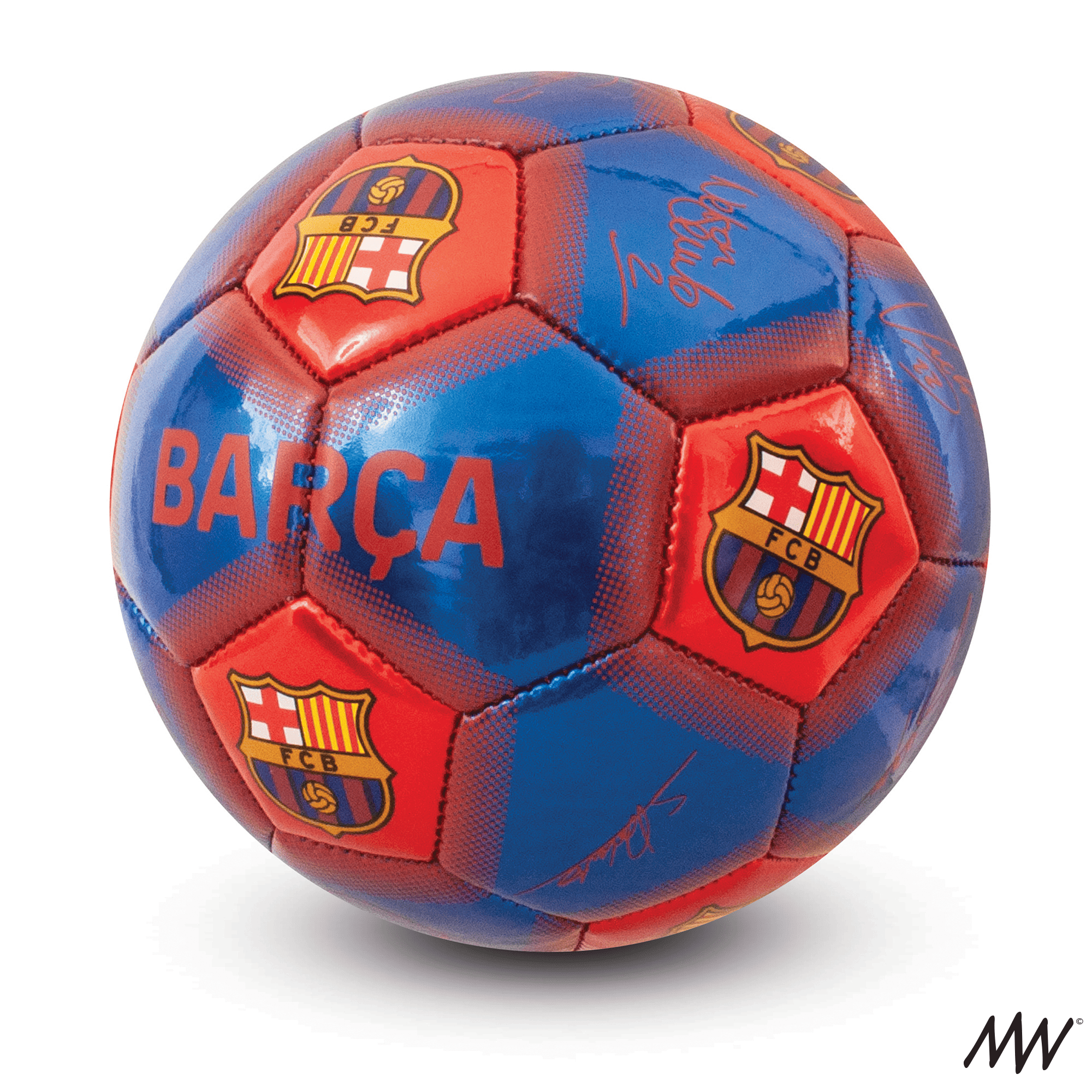 A soccer ball with FC Barcelona logos, signatures, and the word 'Barça' in blue and red colors.