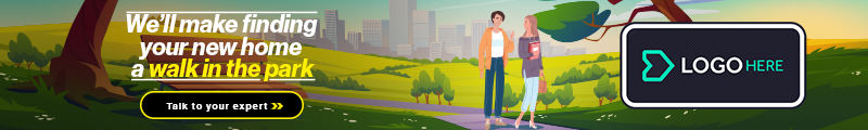 Animated park scene with two women walking and talking, city skyline in background, text about finding a new home, and a logo placeholder.