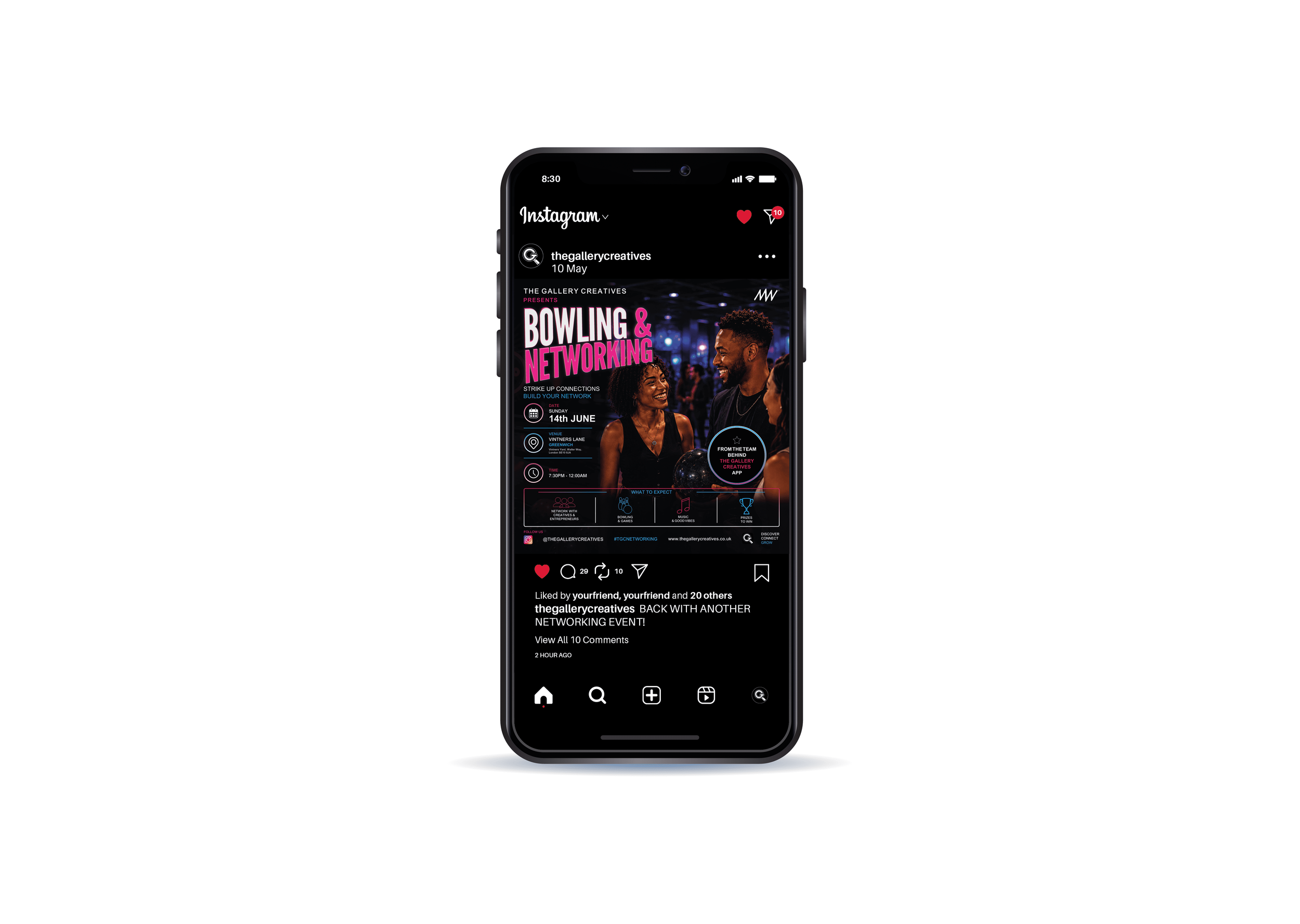 Instagram post preview on a smartphone screen advertising a bowling and networking event, featuring a smiling man and woman at a social gathering.