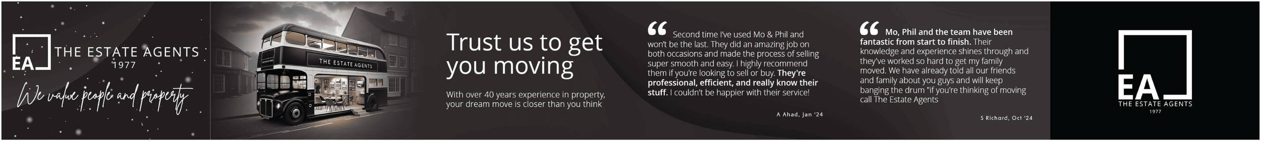 A black and white banner advertisement for The Estate Agents featuring a classic double-decker bus, with text promoting their real estate services and experience.