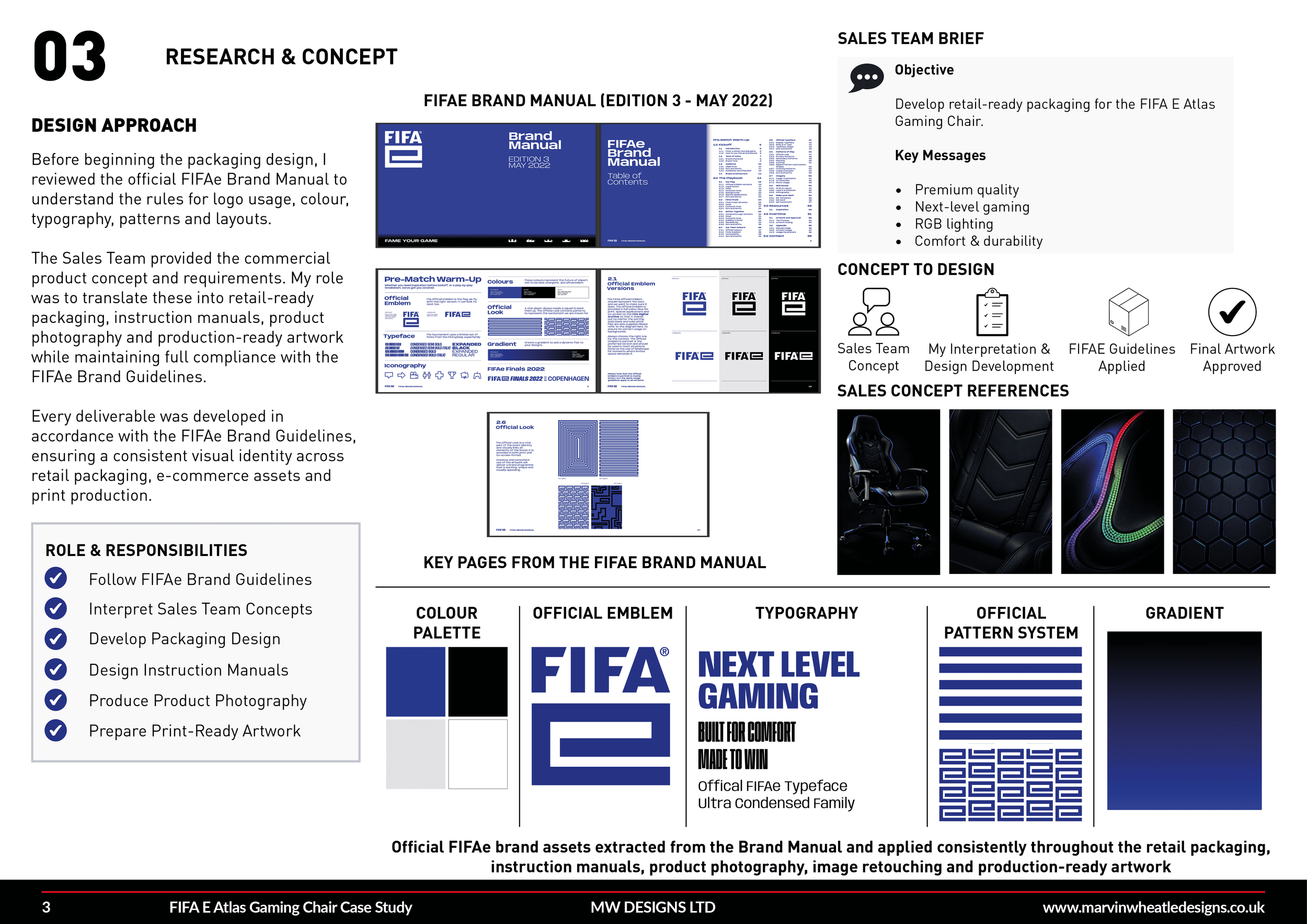 A detailed page from the FIFA Brand Manual, May 2022. The page includes sections on research and concept, design approach, sales team brief, key pages from the manual, color palette, official emblem, typography, official pattern system, and gradient. It features images of FIFA branding assets, packaging concepts, and product photography, along with text explaining branding guidelines for FIFA products, emphasizing quality, innovation, comfort, and visual identity.