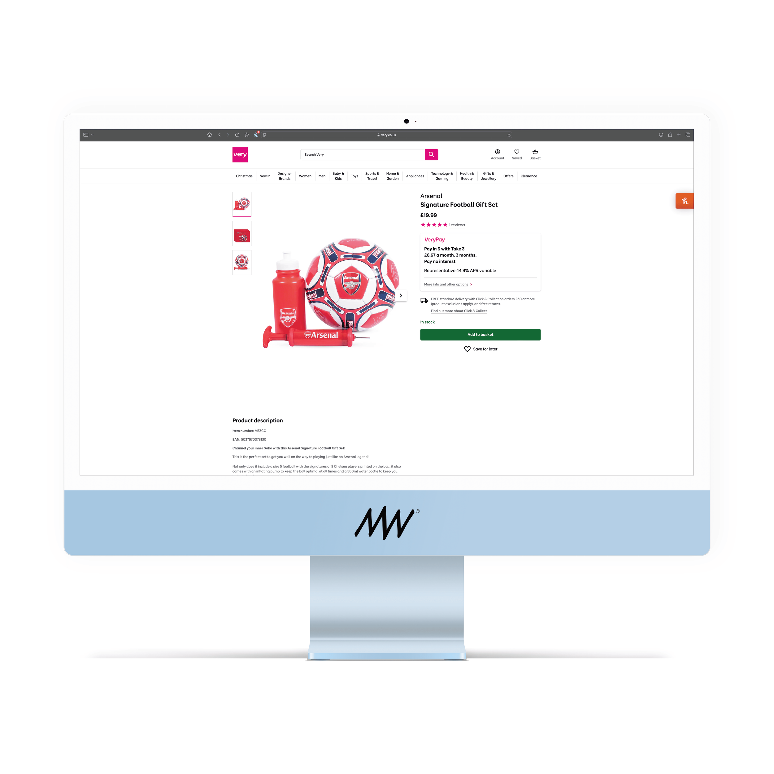 Computer screen displaying an online shopping webpage for an Arsenal signature football gift set in red, white, and blue, featuring a football, water bottle, and pump, priced at £19.99.