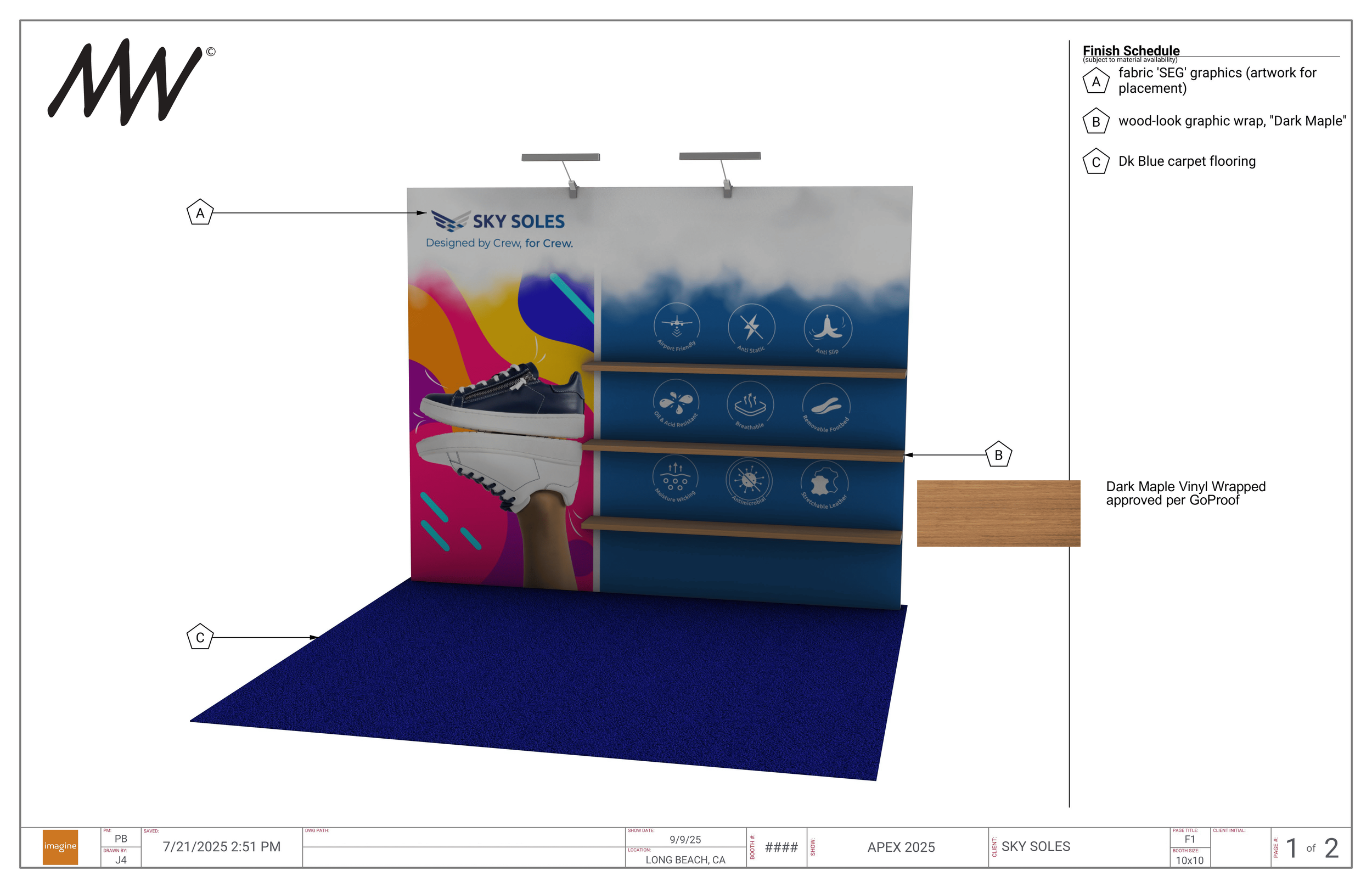 Trade show display for Sky Soles with shoes, blue carpet, and shelving, featuring fabric graphics, wood-look graphic wrap, and a finish schedule.