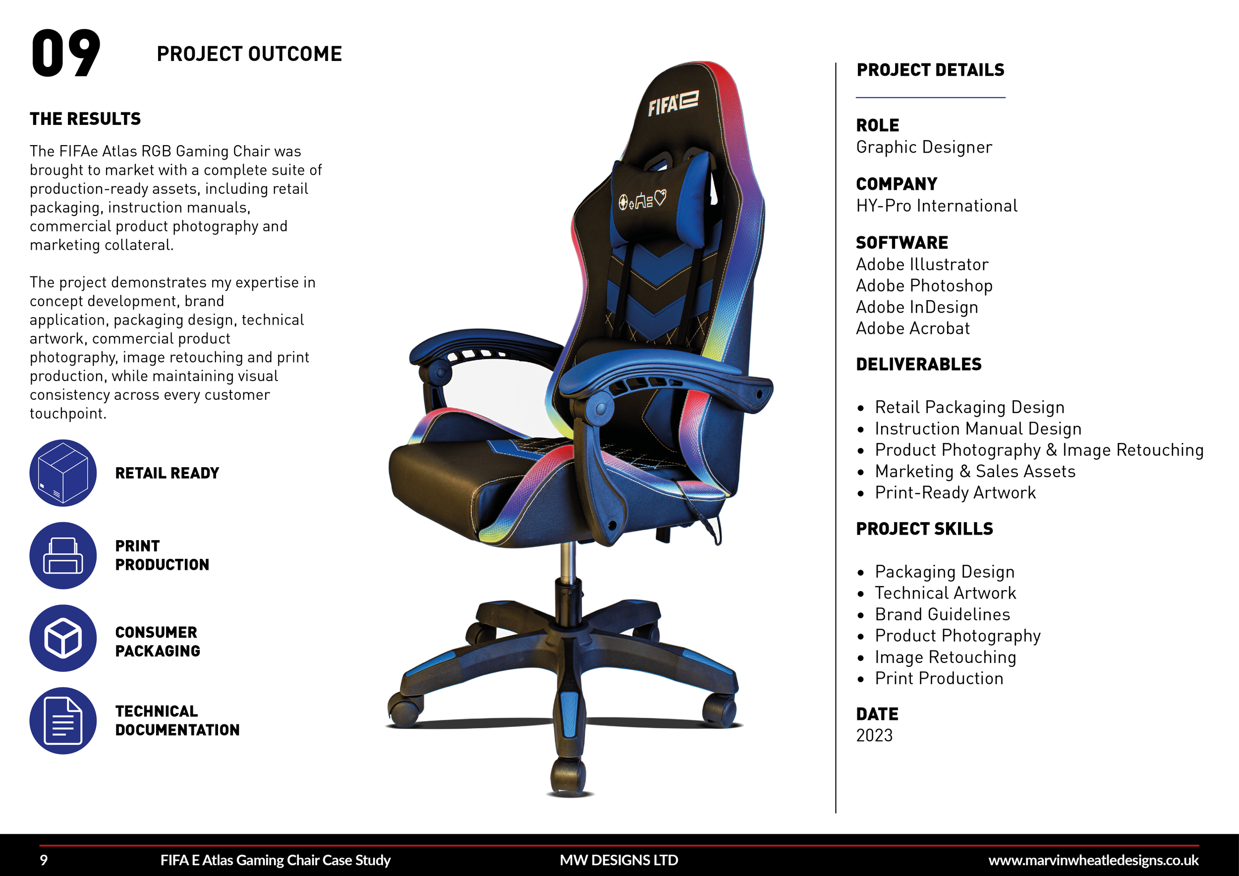 Product design case study for a FIFA-themed gaming chair. The chair is black with blue, red, and purple accents, and features the FIFA logo on its headrest.